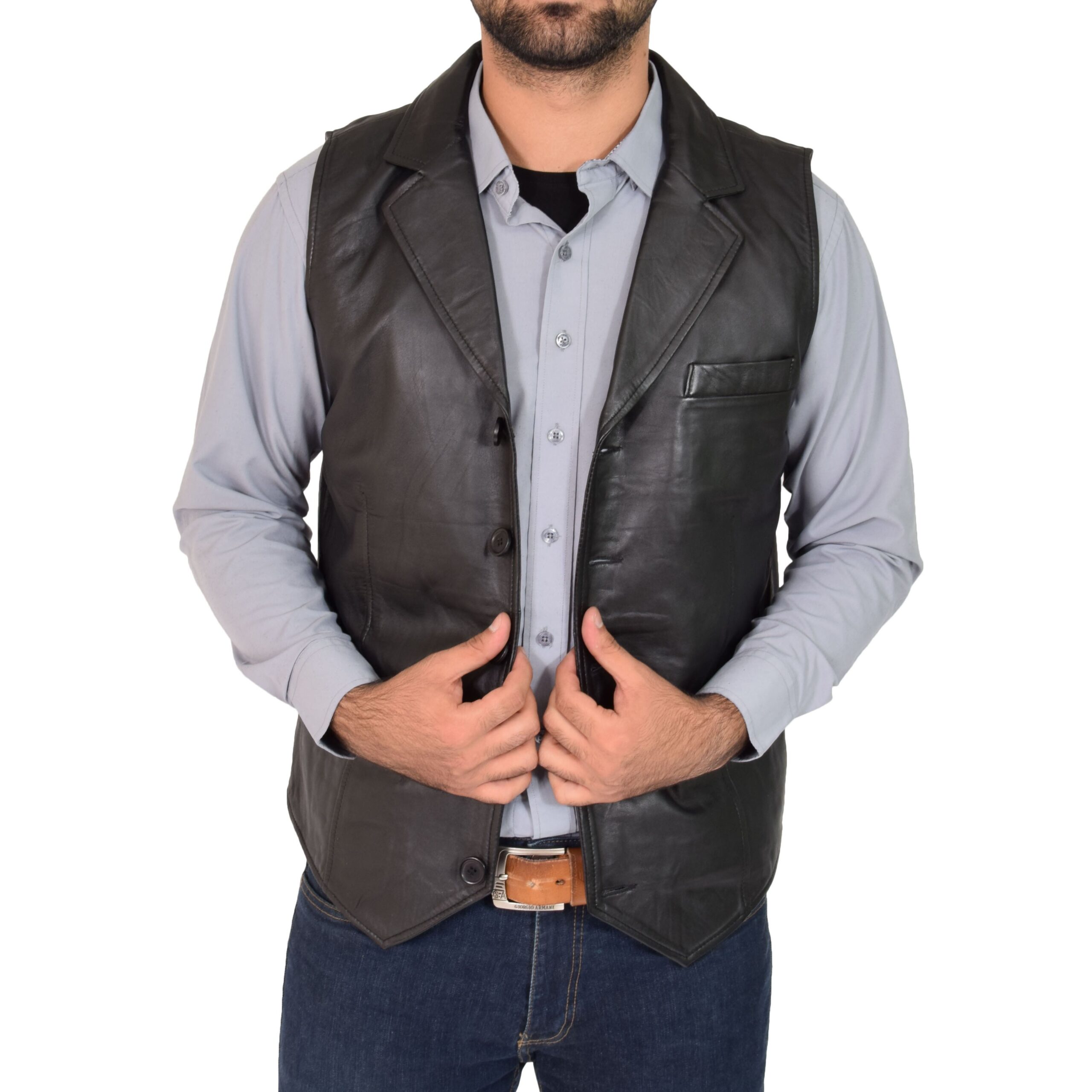 BUNERI Chaleco Hombre Cuero Abotonado Negro Gilet - Imagen 4