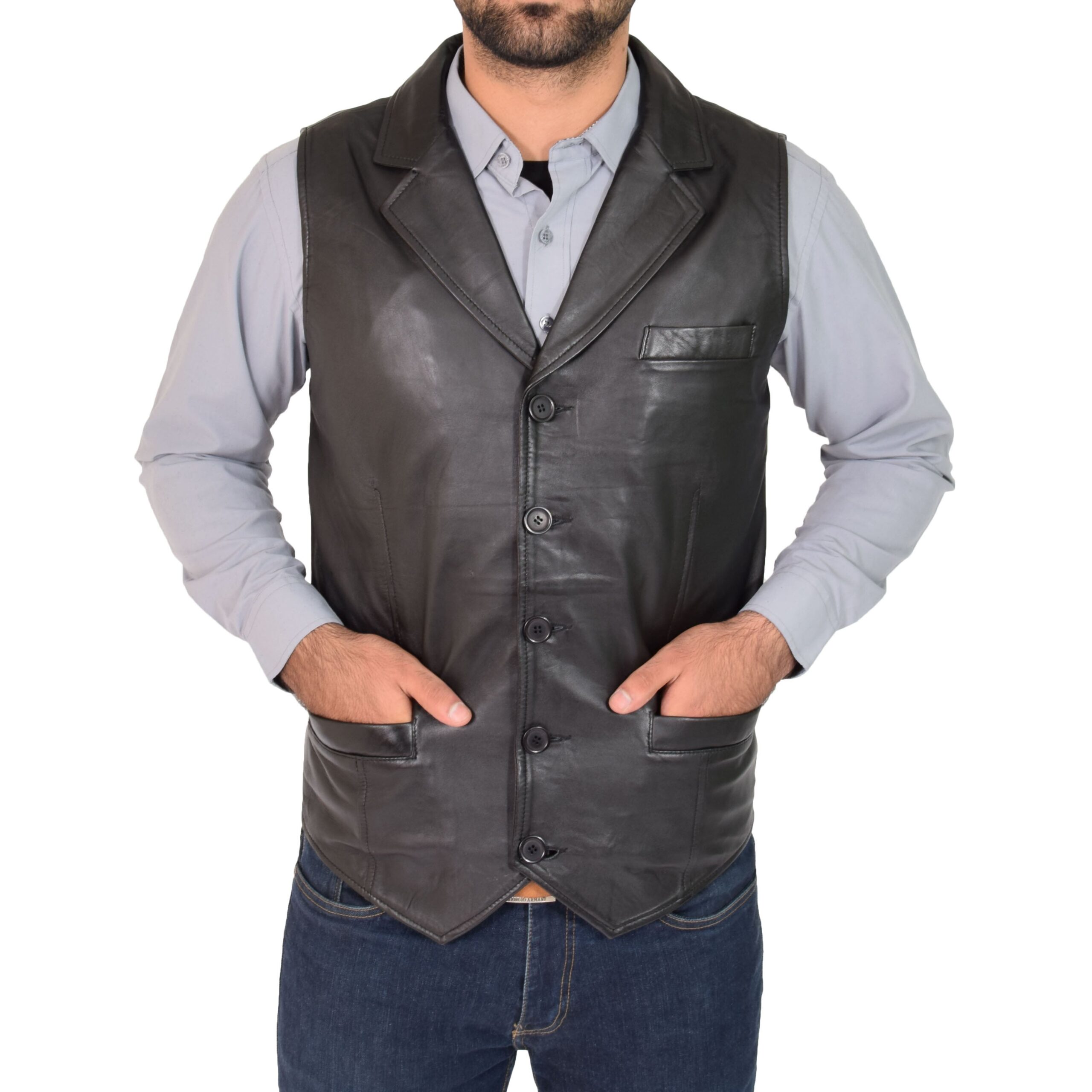 BUNERI Chaleco Hombre Cuero Abotonado Negro Gilet - Imagen 5