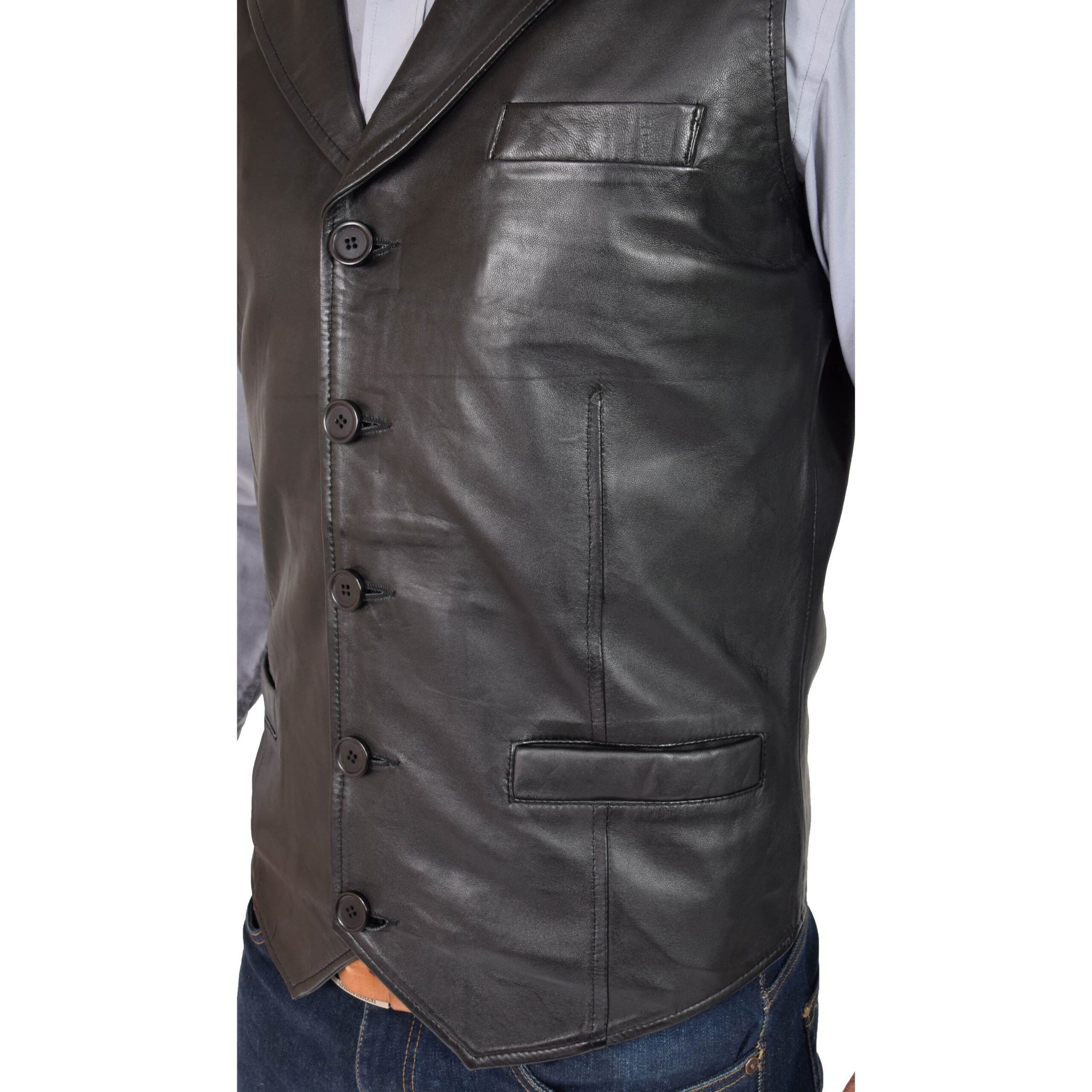 BUNERI Chaleco Hombre Cuero Abotonado Negro Gilet - Imagen 7