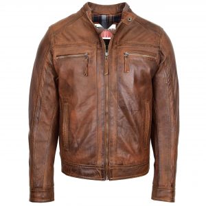 BUNERI Chaqueta Hombre Cuero Cafe Racer Biker Marron Antiguo