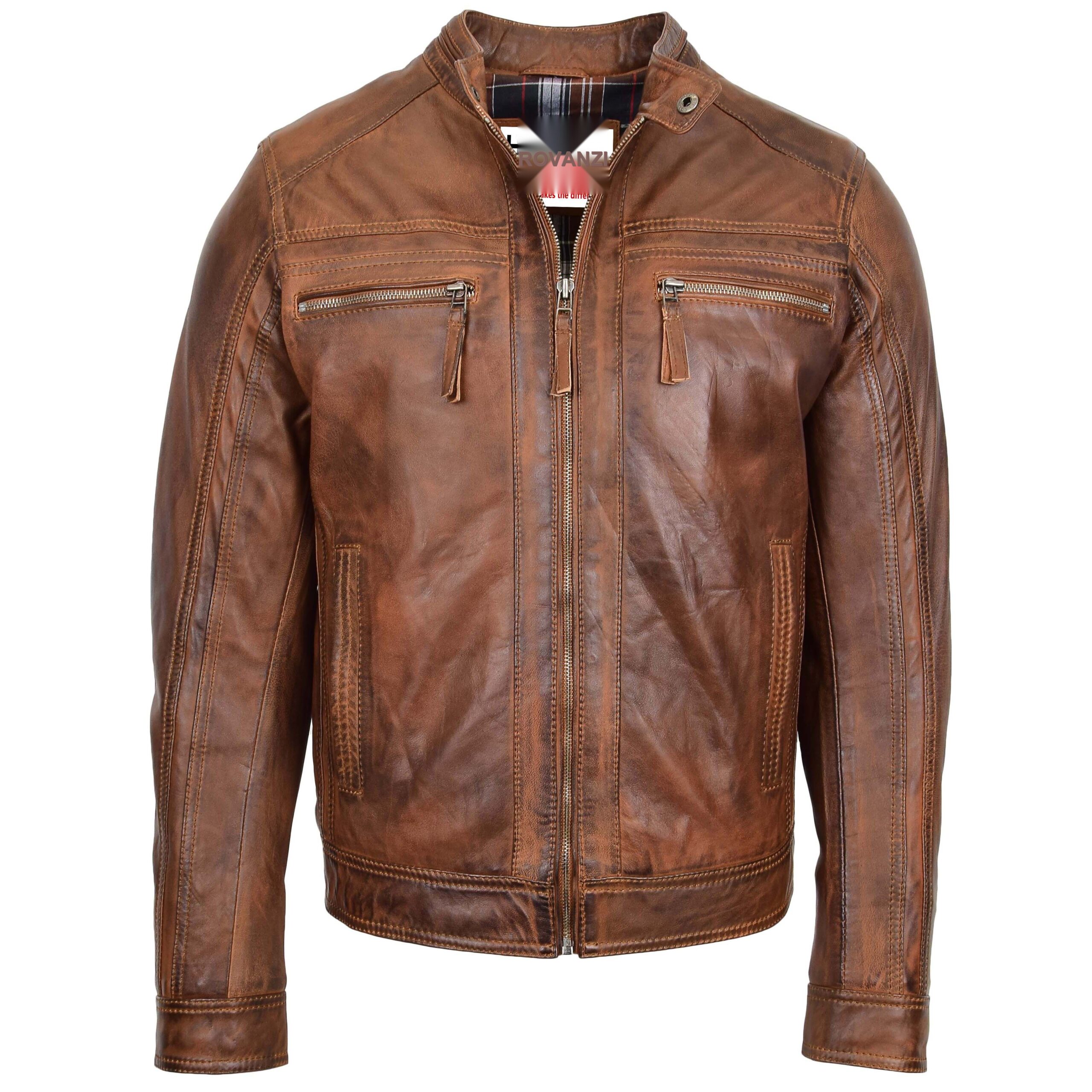 BUNERI Chaqueta Hombre Cuero Cafe Racer Biker Marron Antiguo