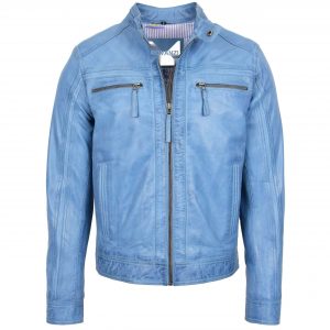 BUNERI Chaqueta Café Racer de Cuero Azul Cielo para Hombre II
