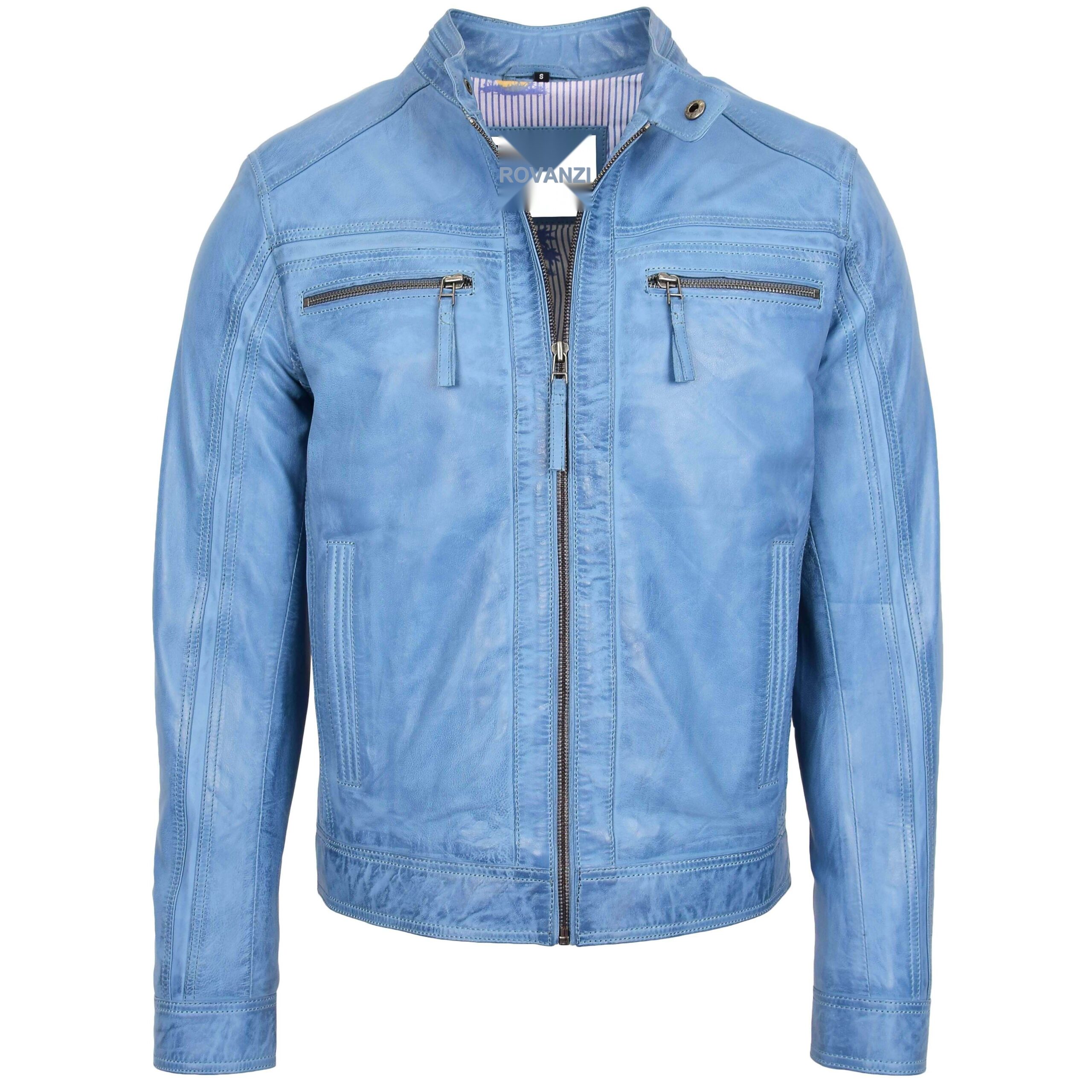 BUNERI Chaqueta Café Racer de Cuero Azul Cielo para Hombre II