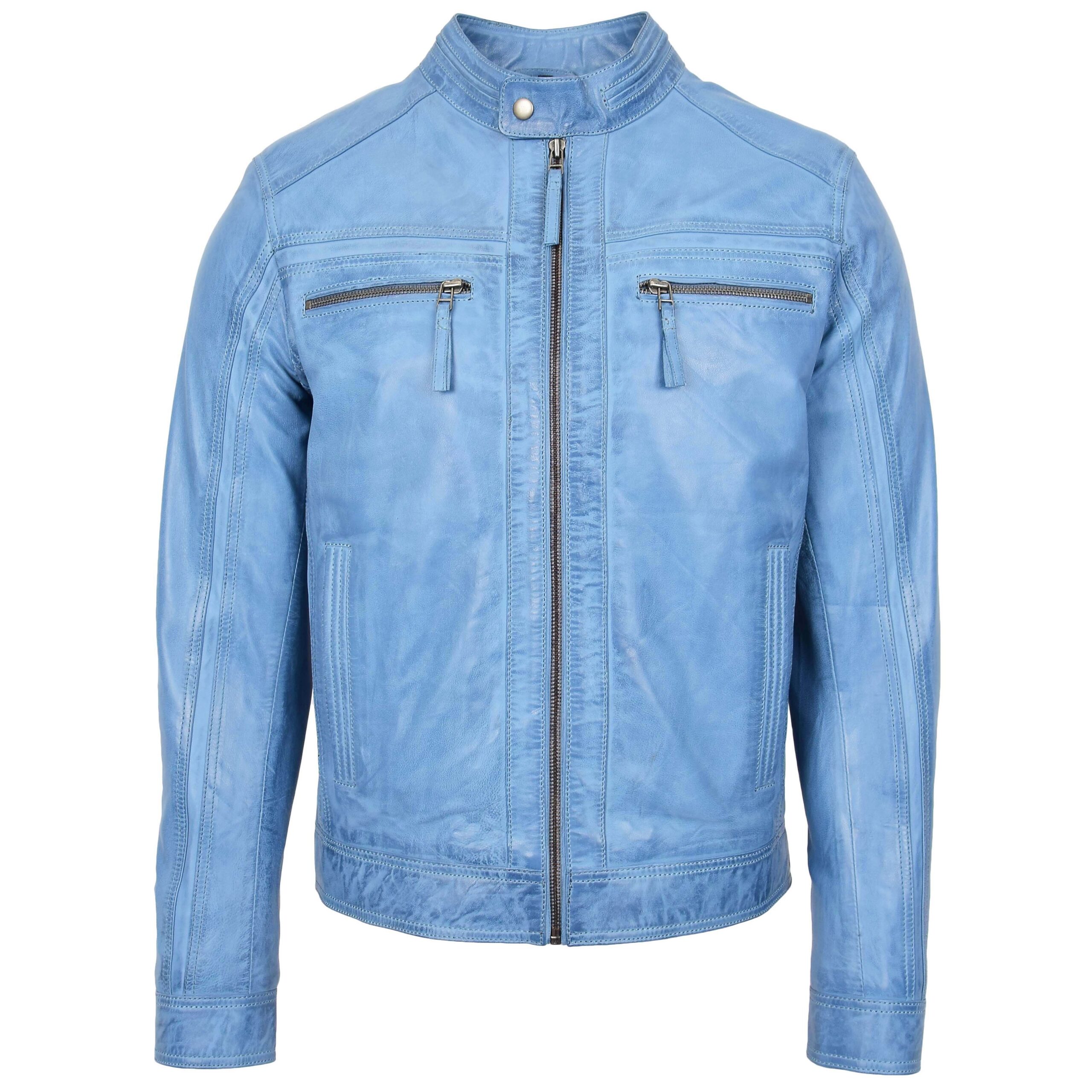 BUNERI Chaqueta Café Racer de Cuero Azul Cielo para Hombre II - Imagen 3