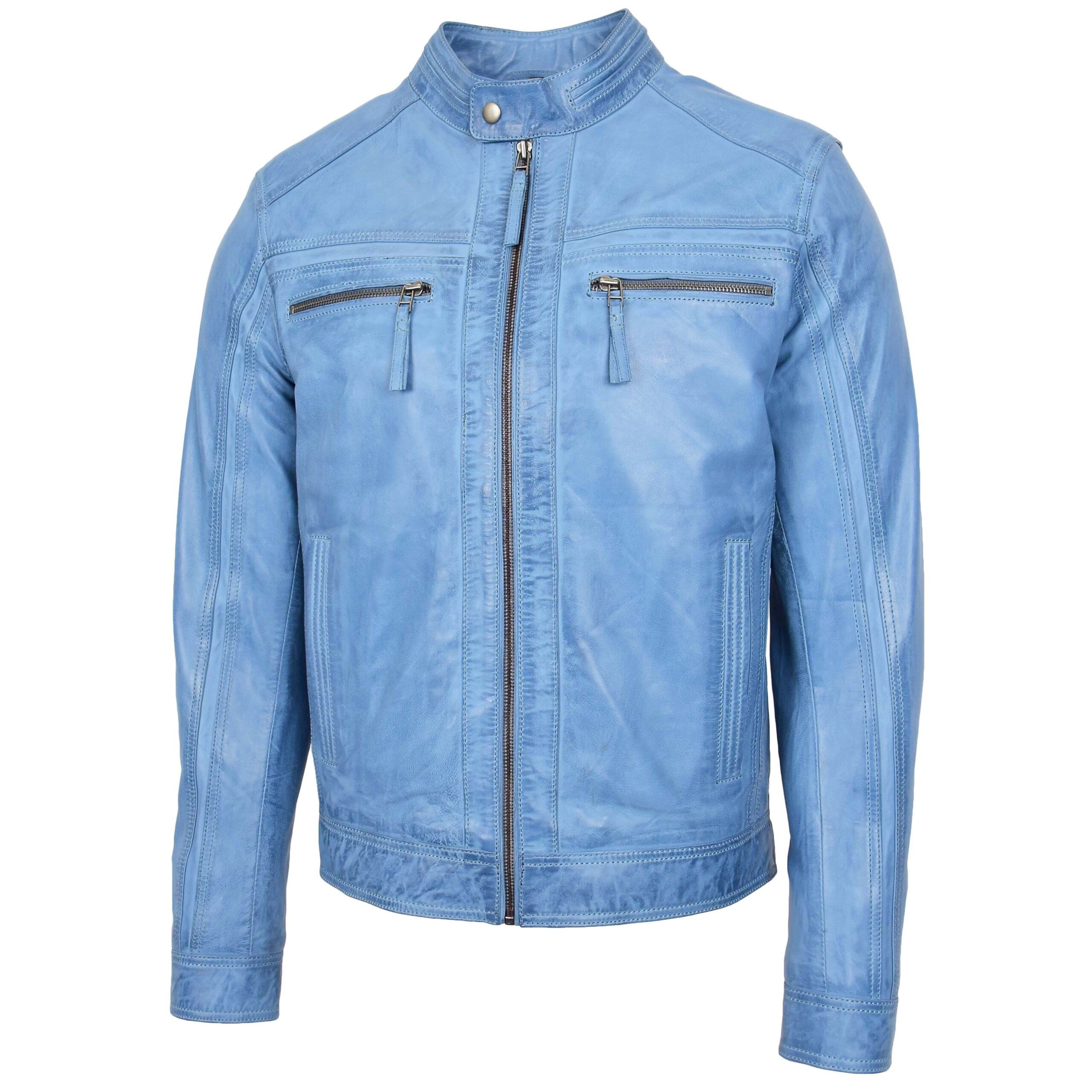 BUNERI Chaqueta Café Racer de Cuero Azul Cielo para Hombre II - Imagen 4