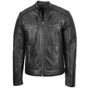 BUNERI Chaqueta Biker Café Racer de Cuero Negro para Hombre