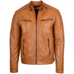 BUNERI Chaqueta Café Racer de Cuero para Hombre Tan