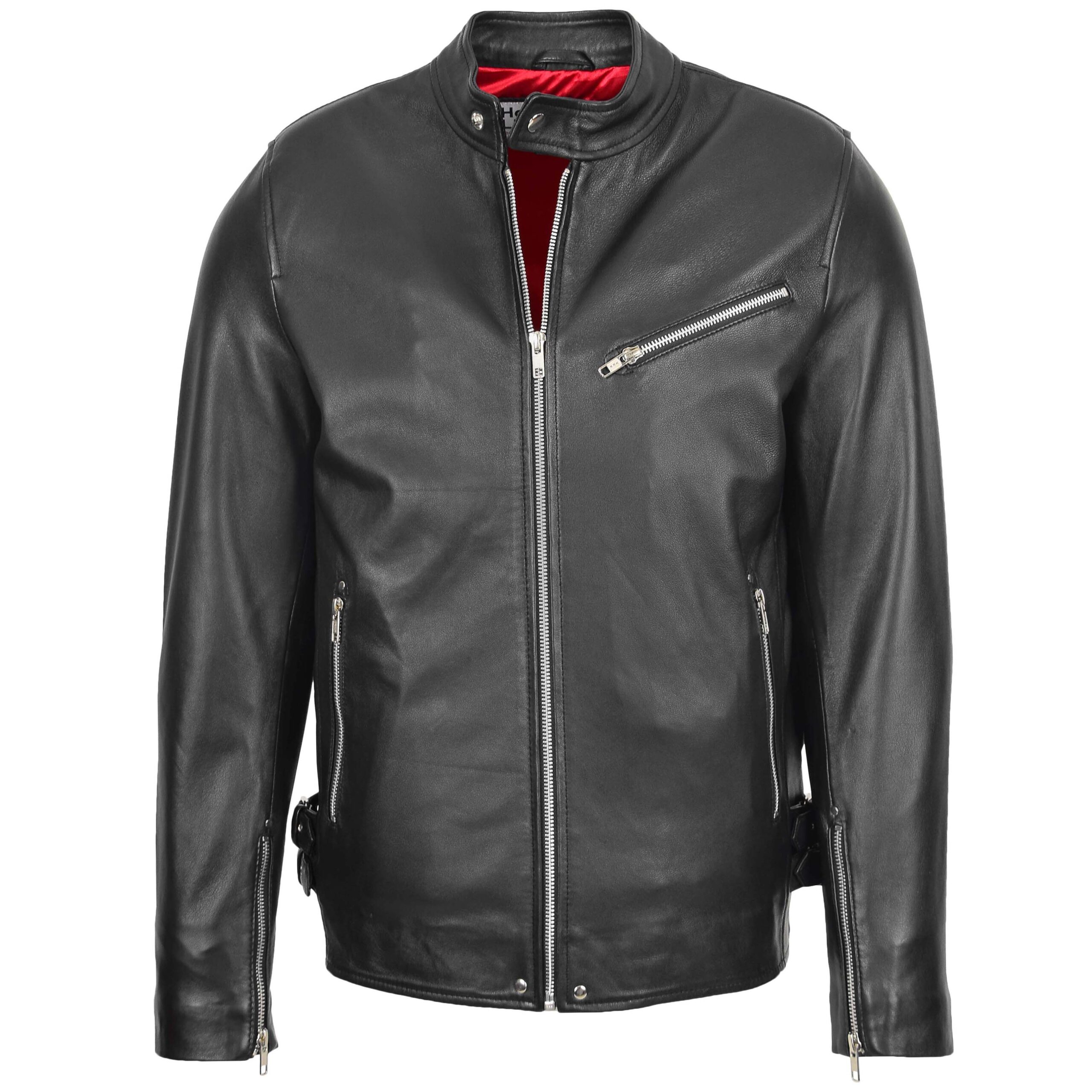 BUNERI Chaqueta Biker Café Racer Casual de Cuero Negro para Hombre
