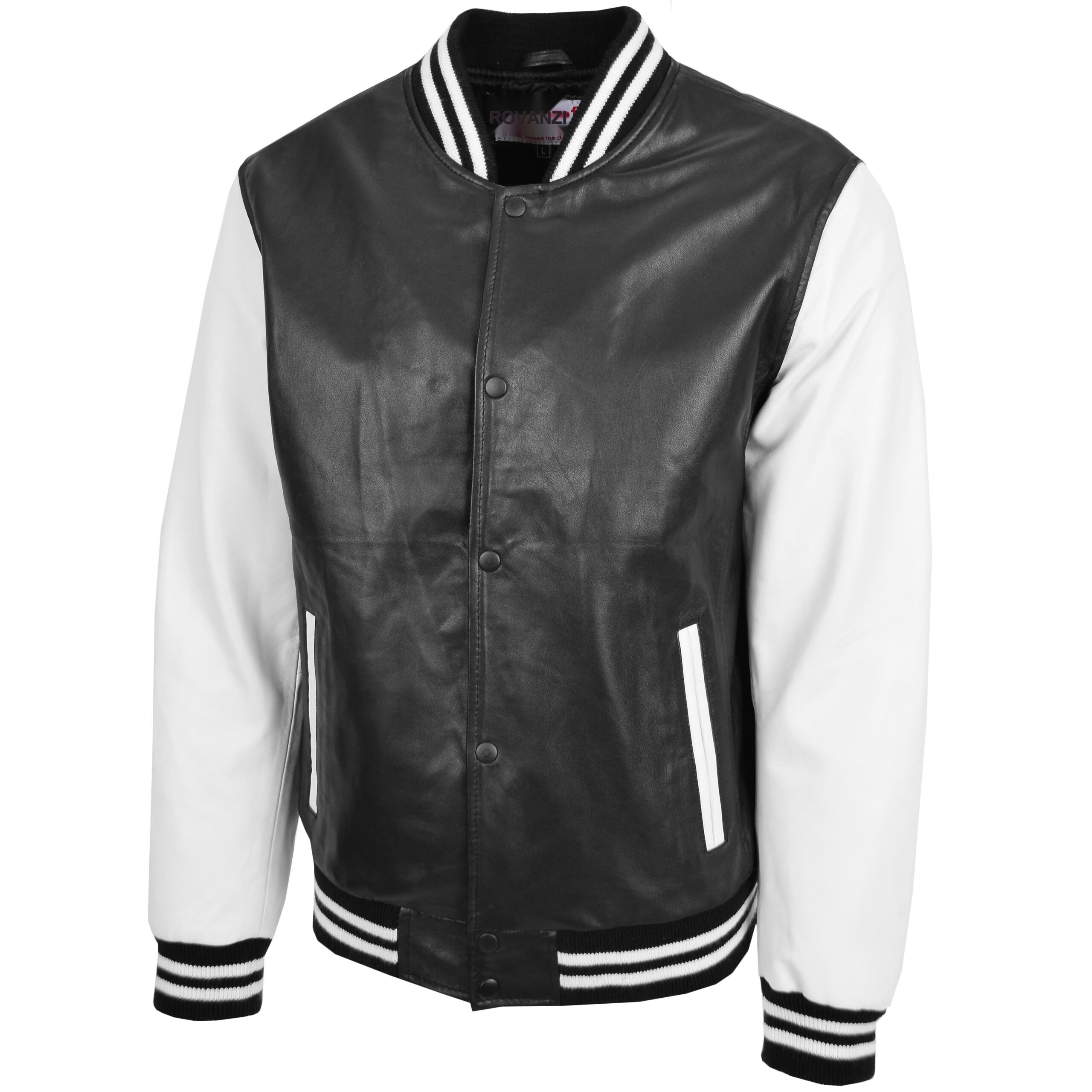 BUNERI Chaqueta Hombre Cuero College Boy Varsity Negro Blanco - Imagen 4