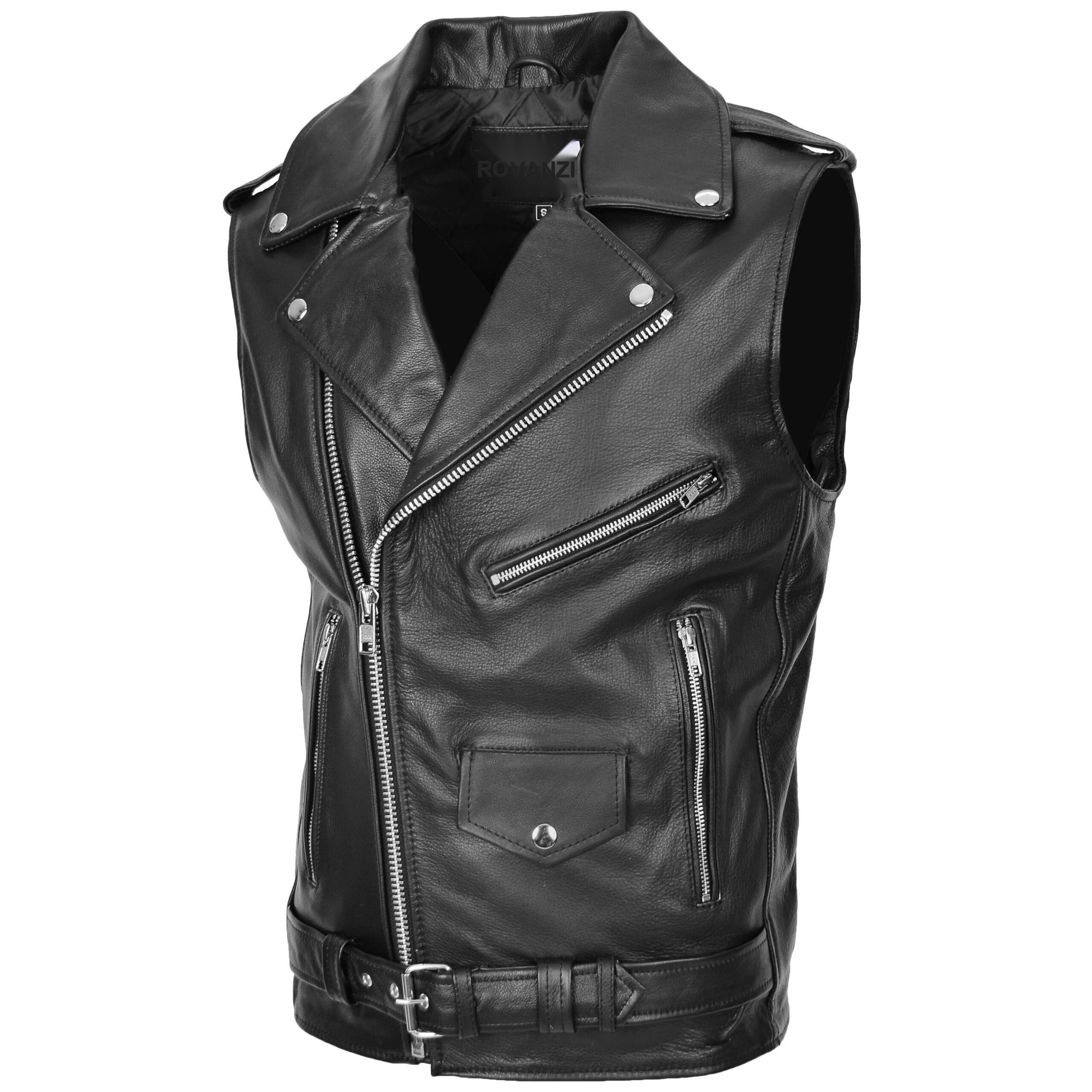 BUNERI Chaleco Hombre Cuero Cremallera Cruzada Biker Brando Negro - Imagen 3