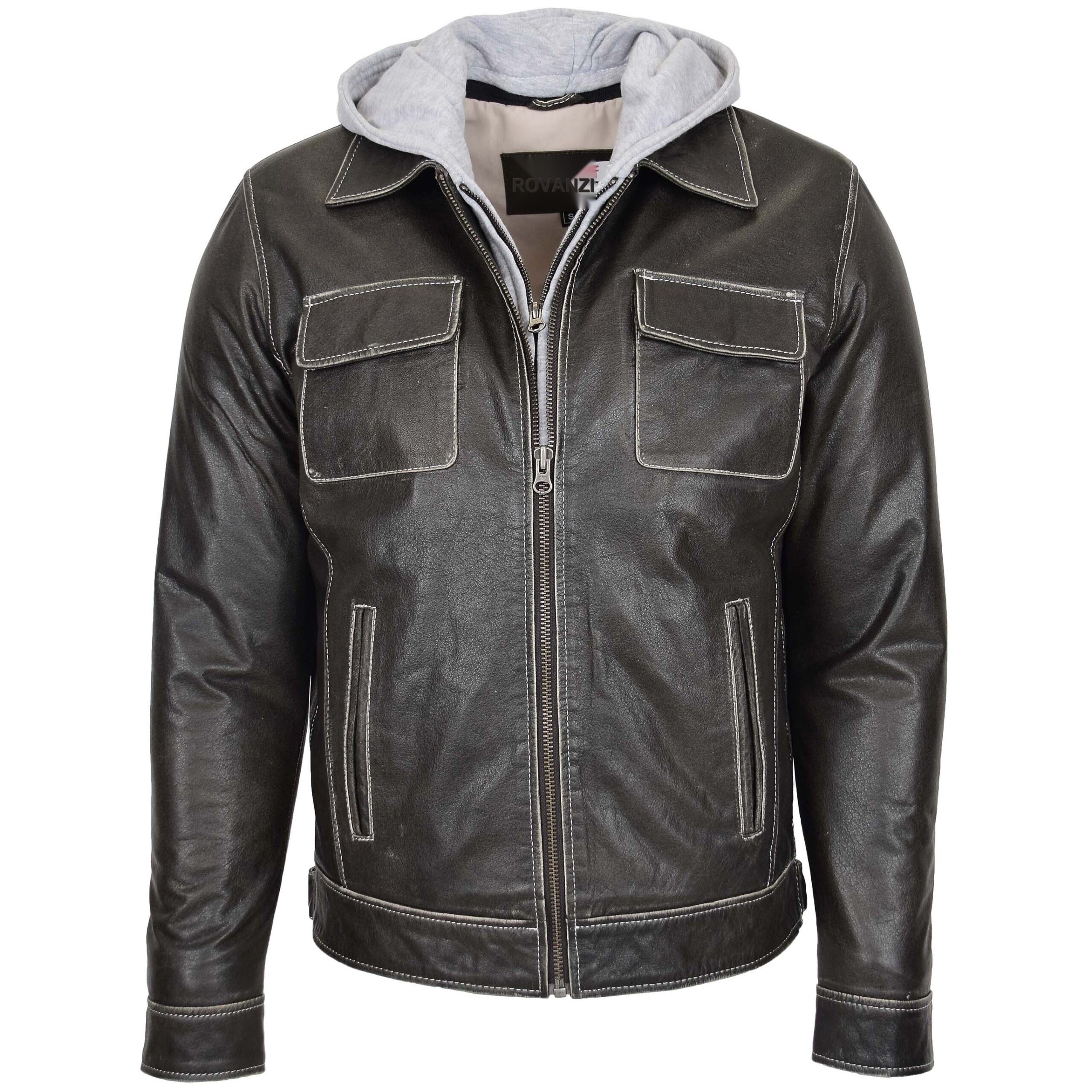 BUNERI Chaqueta Biker de Cuero Gris para Hombre Capucha Desmontable