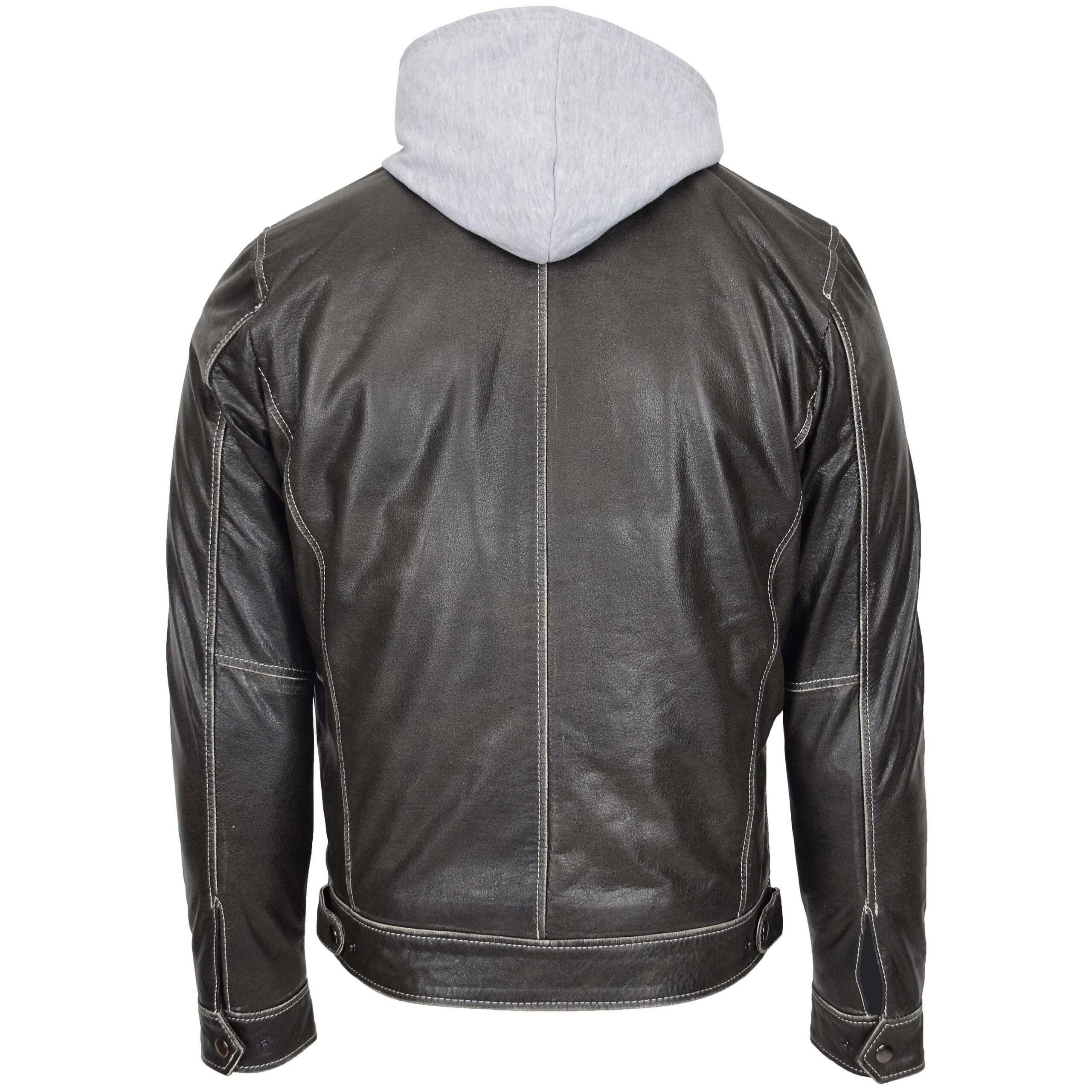 BUNERI Chaqueta Biker de Cuero Gris para Hombre Capucha Desmontable - Imagen 2