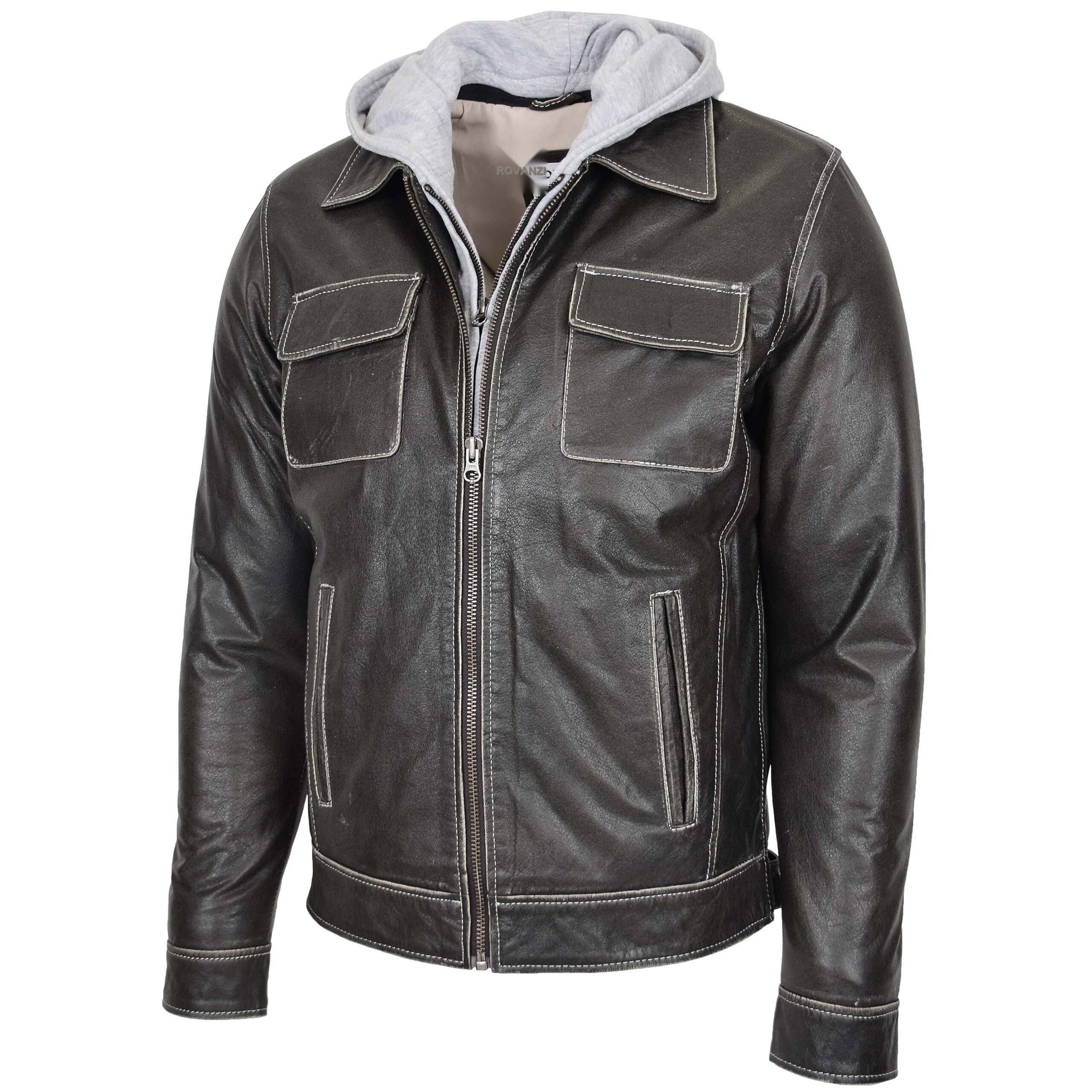 BUNERI Chaqueta Biker de Cuero Gris para Hombre Capucha Desmontable - Imagen 4