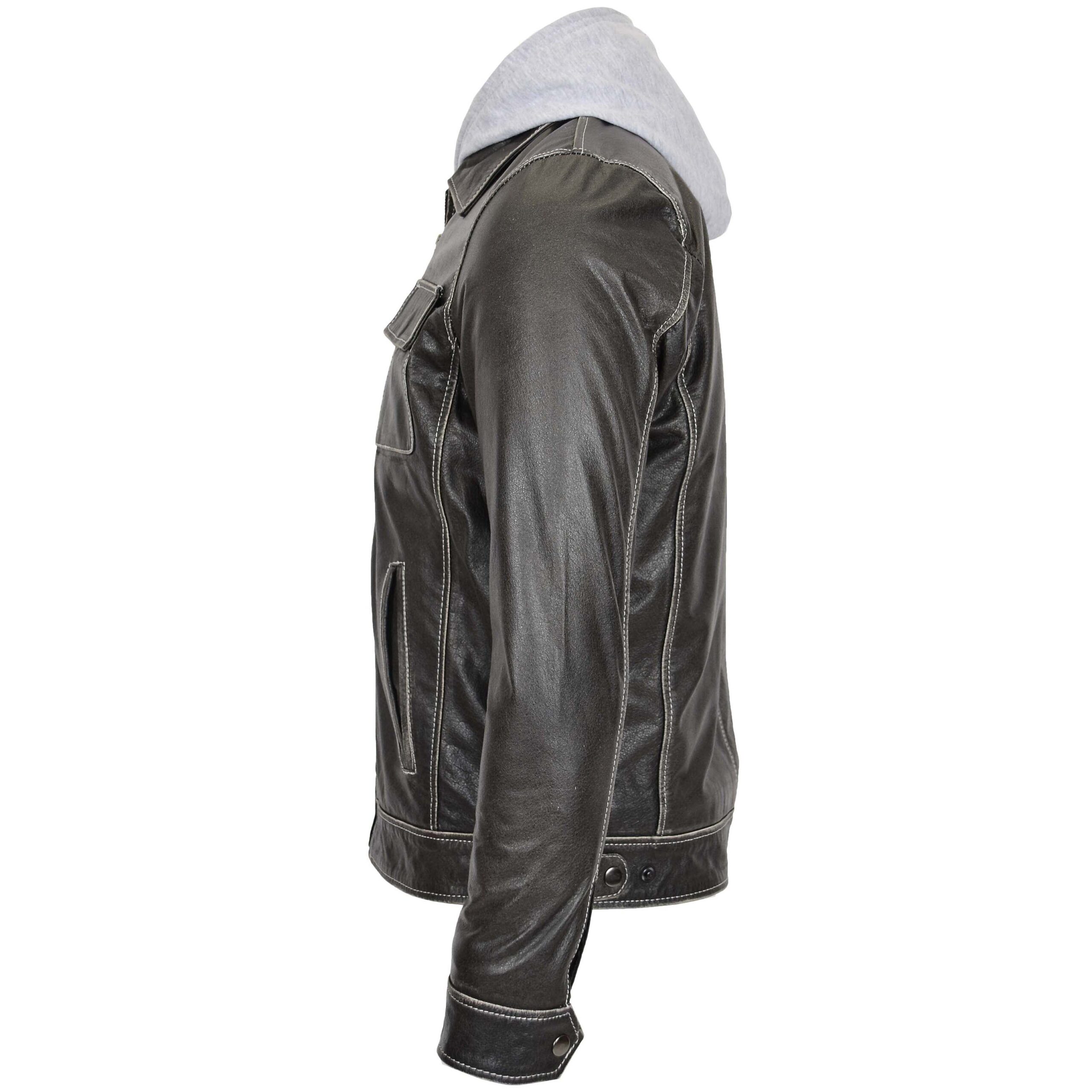 BUNERI Chaqueta Biker de Cuero Gris para Hombre Capucha Desmontable - Imagen 5