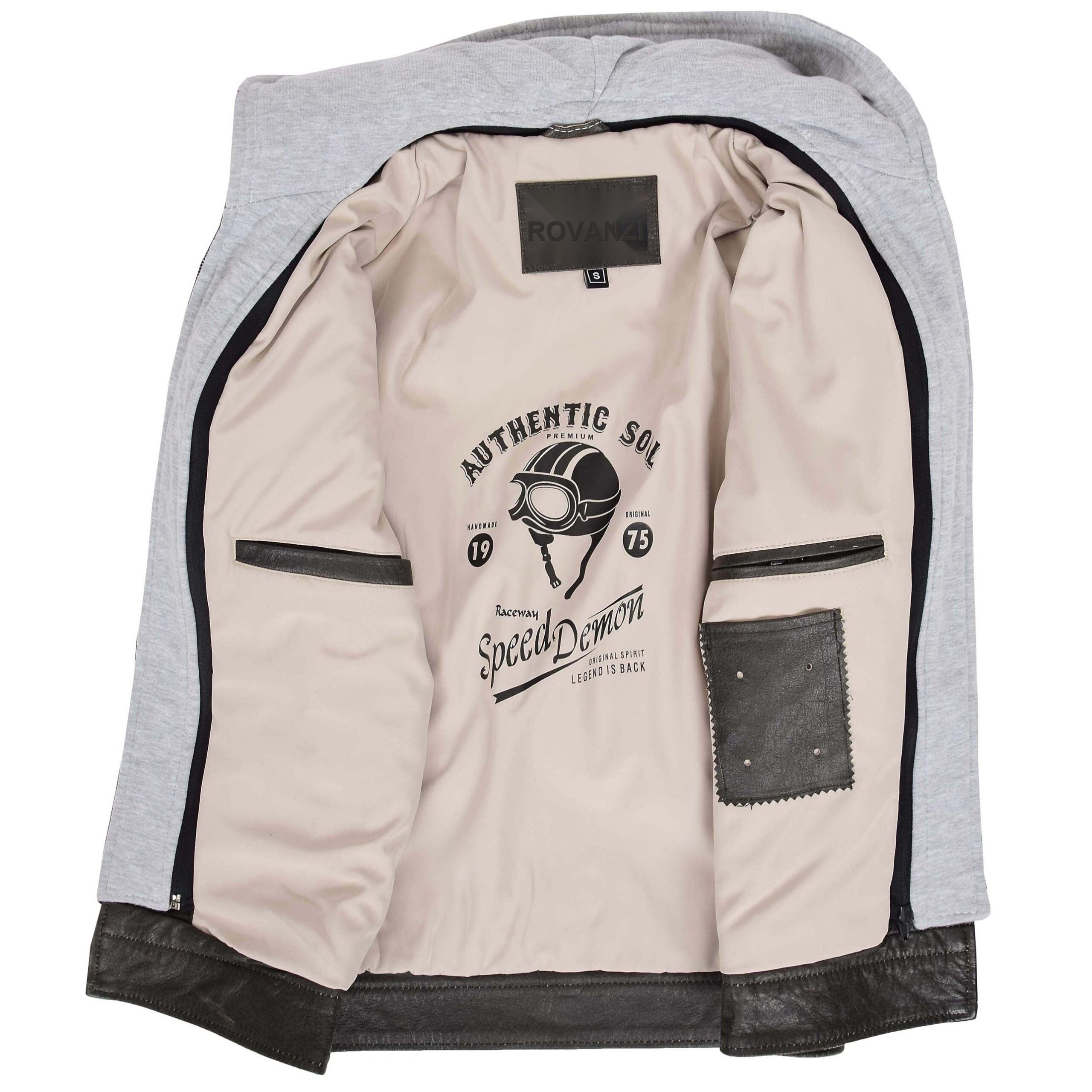 BUNERI Chaqueta Biker de Cuero Gris para Hombre Capucha Desmontable - Imagen 6
