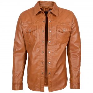 BUNERI Camisa Hombre Cuero Estilo Trucker Clasico Tostado