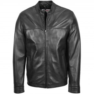 BUNERI Chaqueta de Cuero Cuello Alto para Hombre Negro