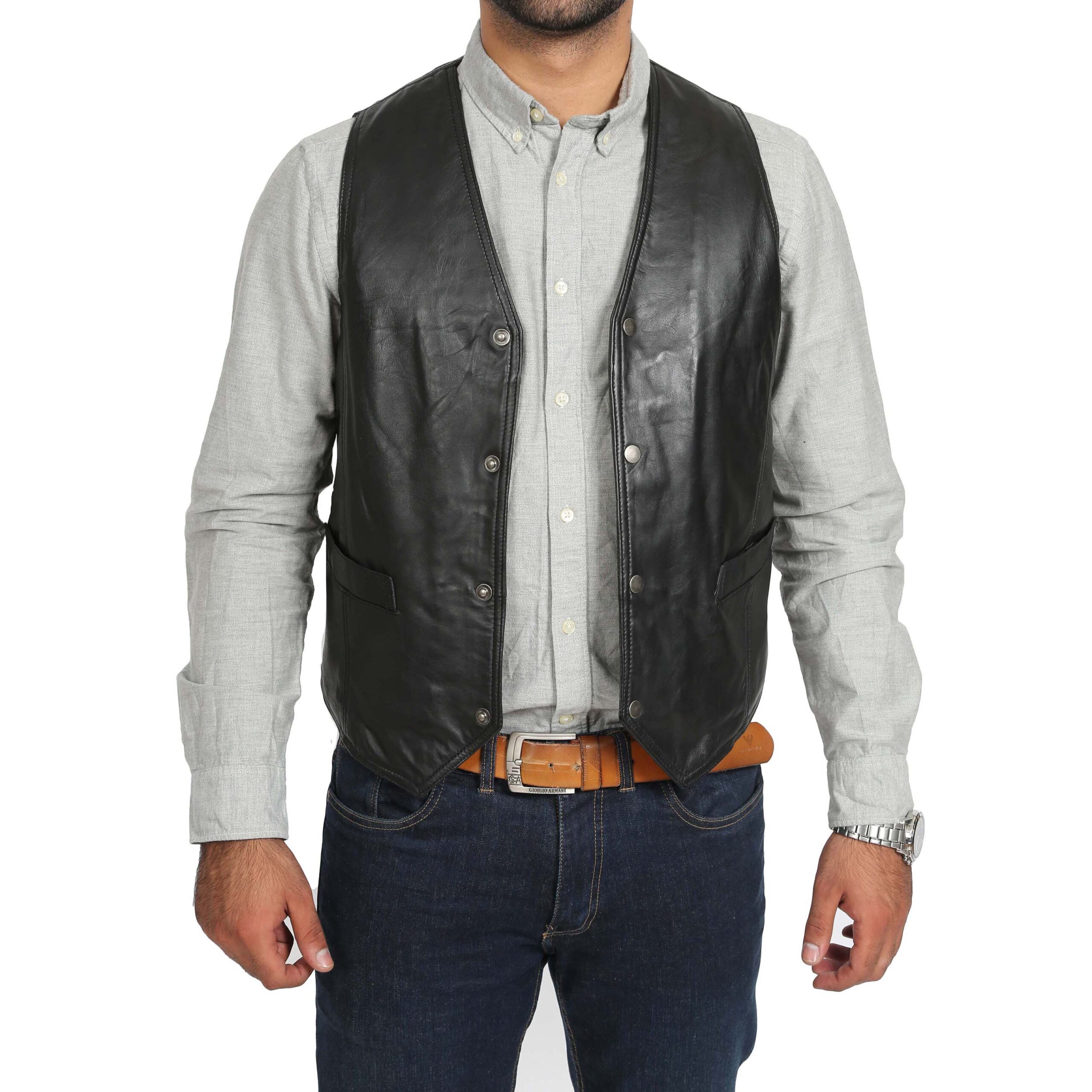 BUNERI Chaleco de Cuero Negro Tradicional para Hombre - Imagen 2