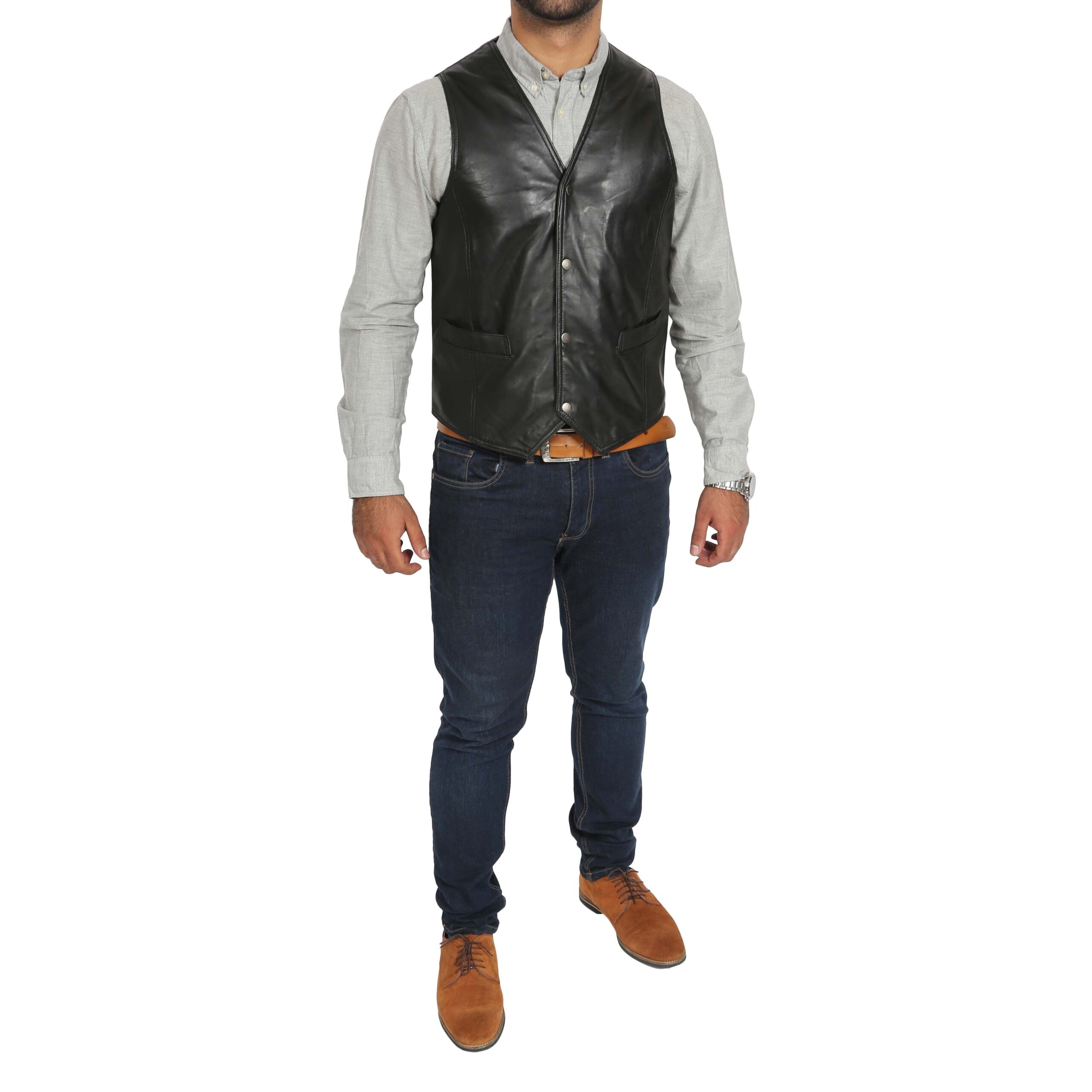 BUNERI Chaleco de Cuero Negro Tradicional para Hombre - Imagen 3