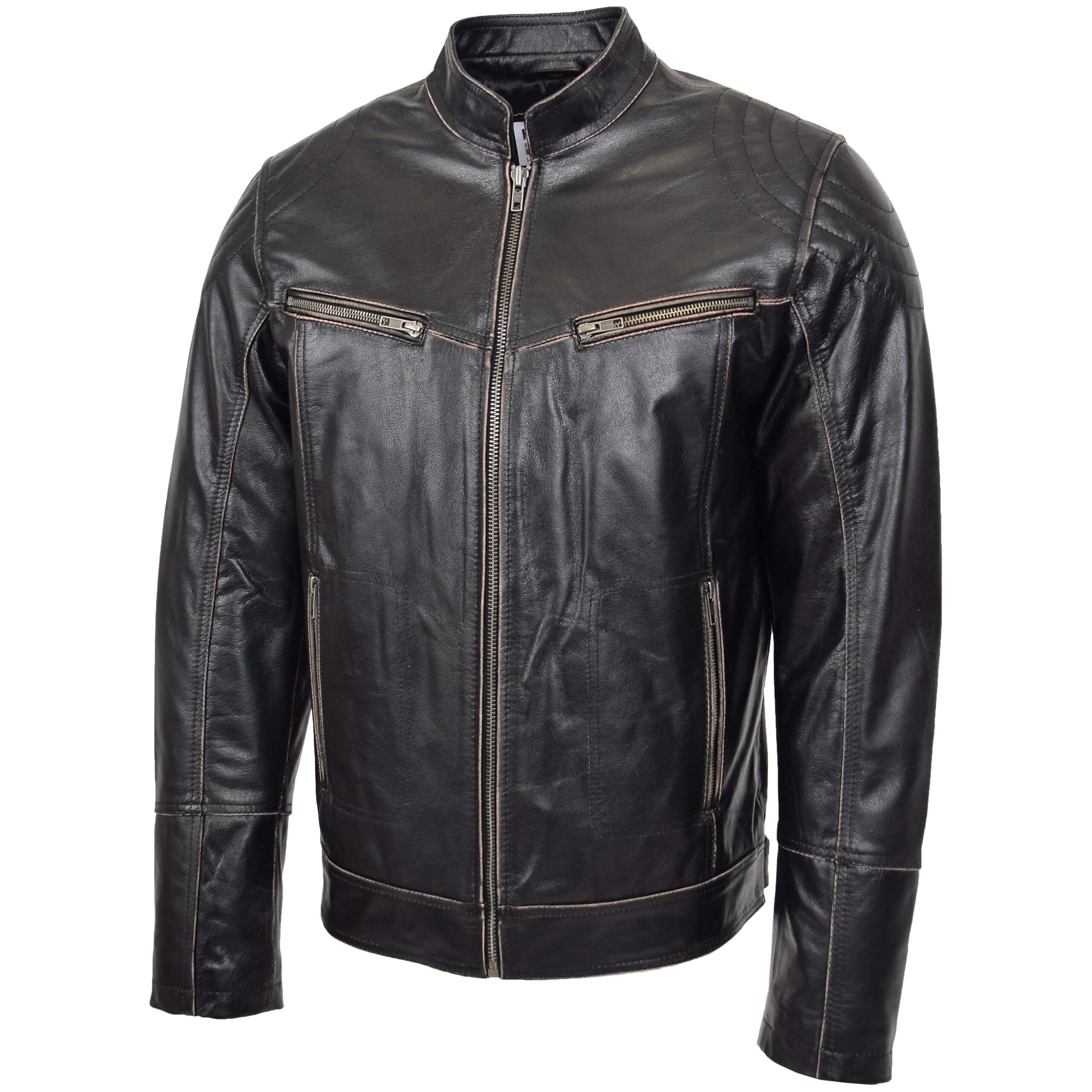 BUNERI Chaqueta Biker de Cuero Vintage para Hombre Marrón Oscuro - Imagen 4