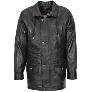 BUNERI Abrigo Hombre Cuero Invierno Carro Largo Cadera Negro