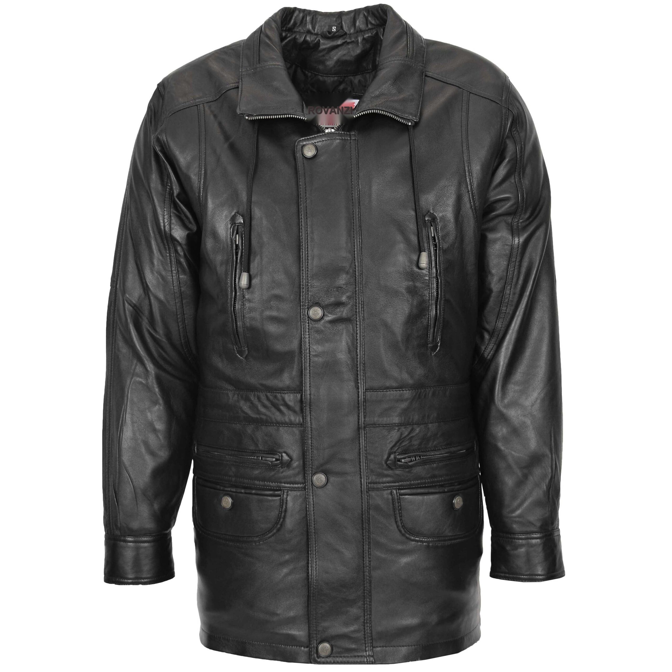 BUNERI Abrigo Hombre Cuero Invierno Carro Largo Cadera Negro