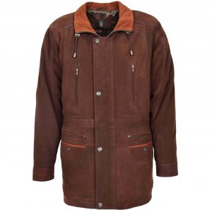 BUNERI Abrigo Coche de Cuero para Hombre Largo Cadera Marrón Nubuck