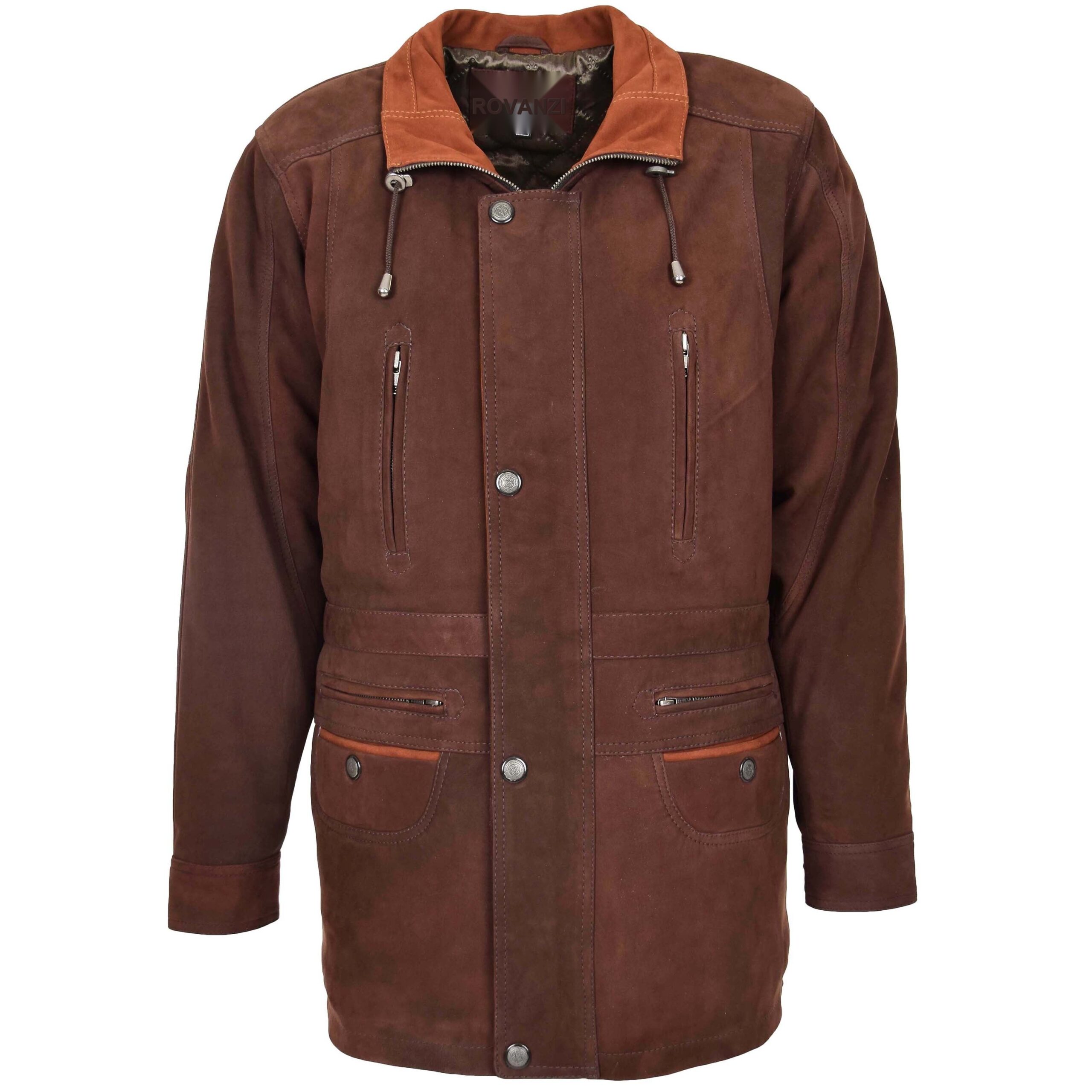 BUNERI Abrigo Coche de Cuero para Hombre Largo Cadera Marrón Nubuck