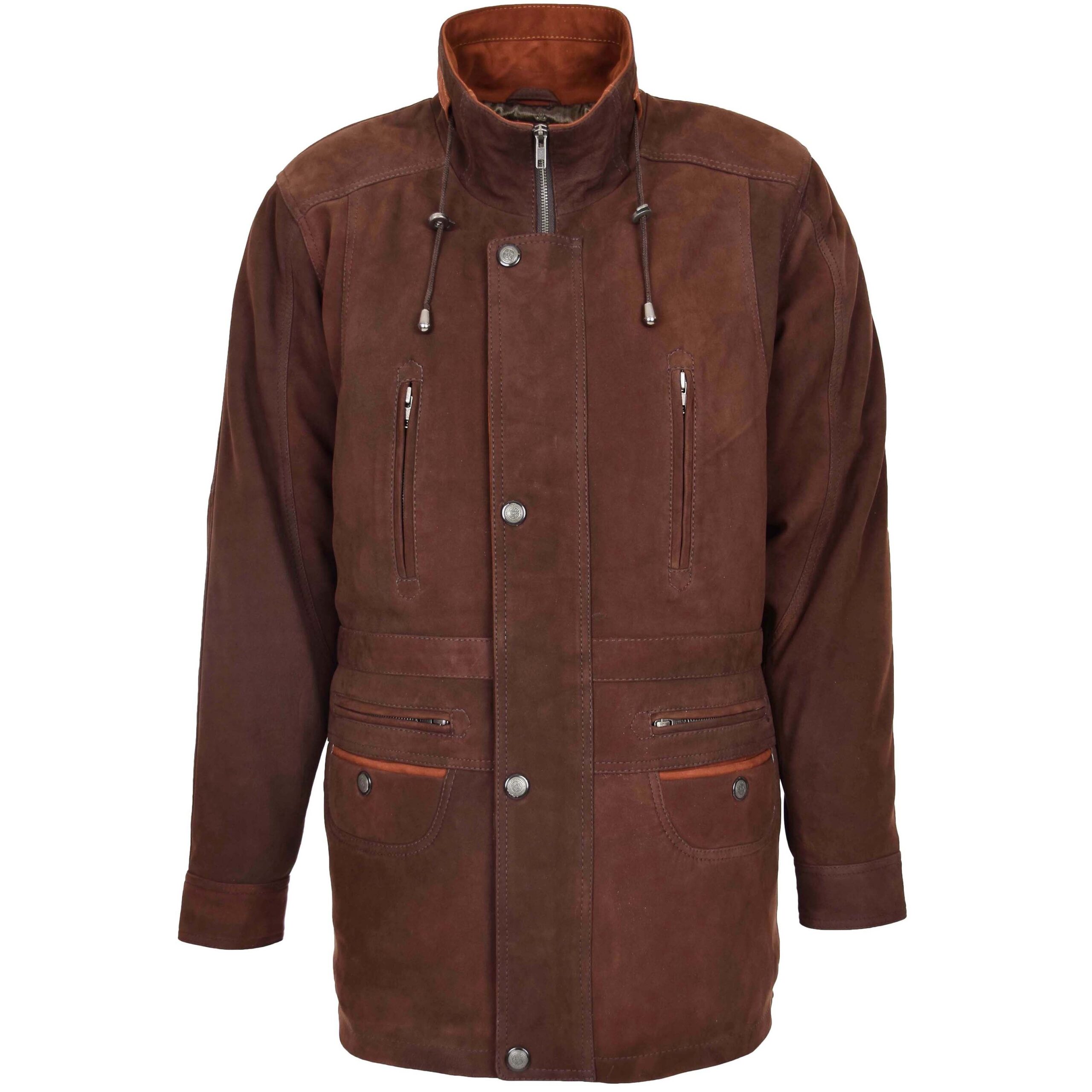BUNERI Abrigo Coche de Cuero para Hombre Largo Cadera Marrón Nubuck - Imagen 3