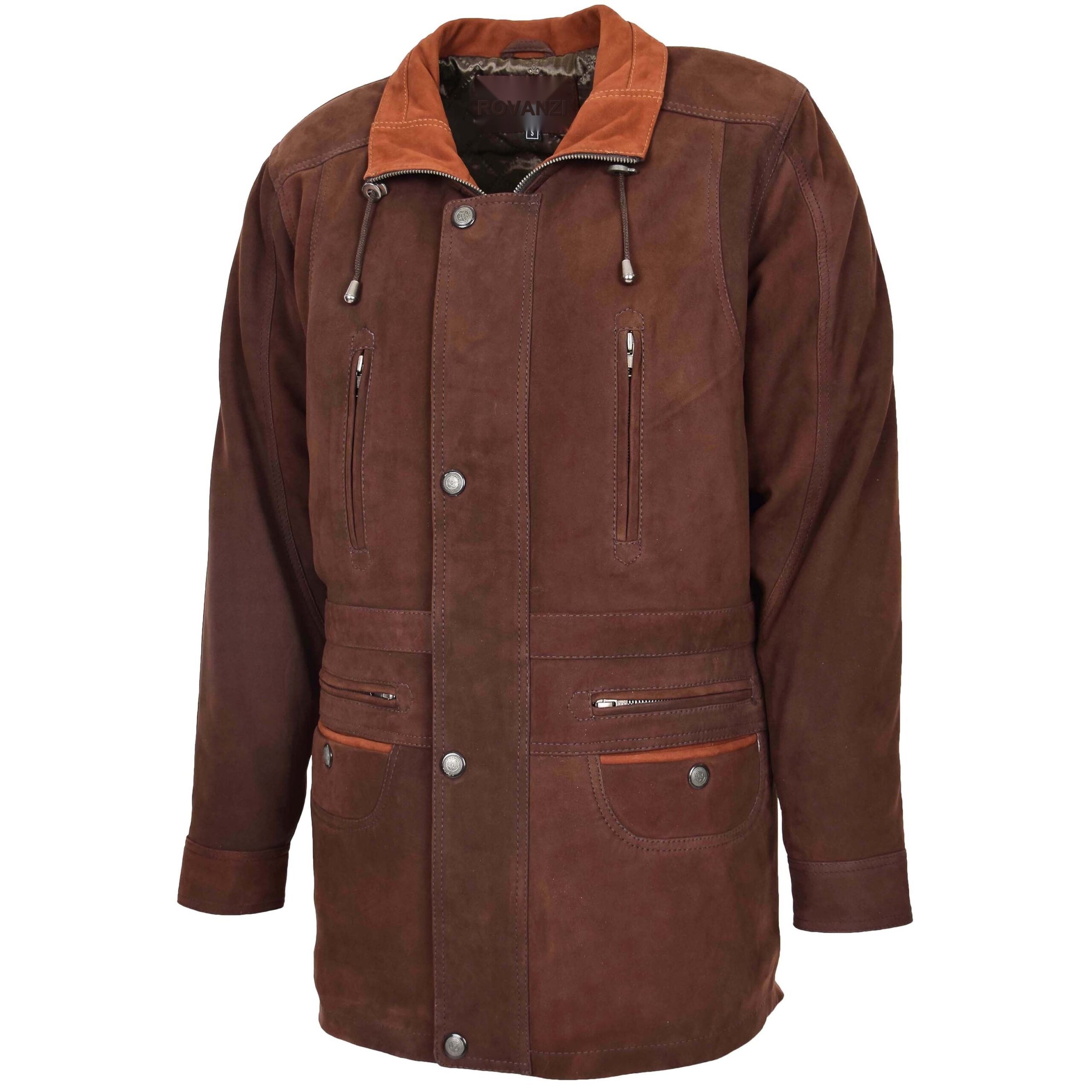 BUNERI Abrigo Coche de Cuero para Hombre Largo Cadera Marrón Nubuck - Imagen 4