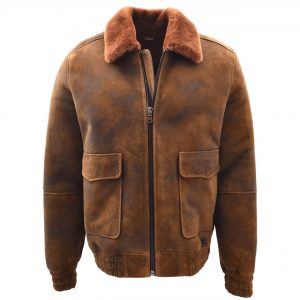 BUNERI Chaqueta Bomber Aviador de Piel de Oveja Shearling Marrón Jengibre para Hombre