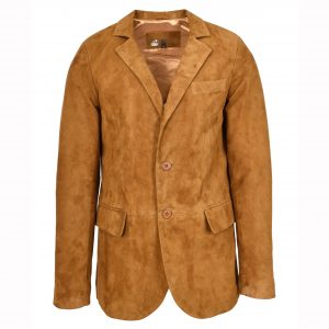 BUNERI Blazer de Ante Real de Cabra para Hombre 2 Botones Clásico Coñac