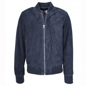 BUNERI Chaqueta Hombre Ante Cabra Real Bomber MA-1 Diseno Varsity Azul Marino