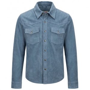 BUNERI Chaqueta Trucker Western de Ante Real de Cabra Azul Denim para Hombre