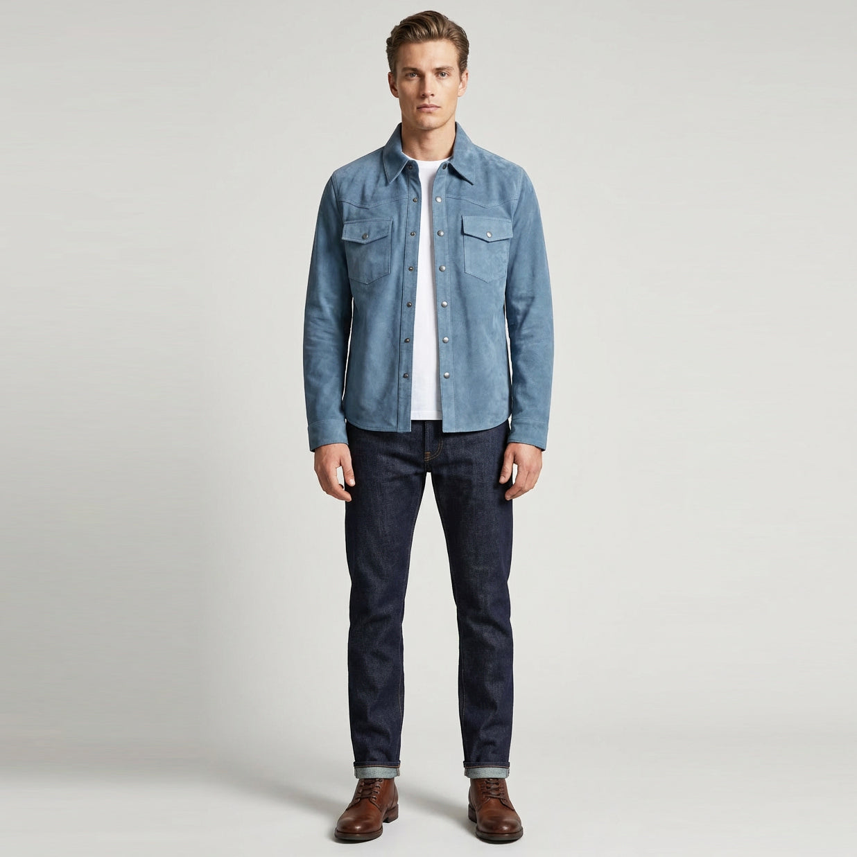 BUNERI Chaqueta Trucker Western de Ante Real de Cabra Azul Denim para Hombre - Imagen 2