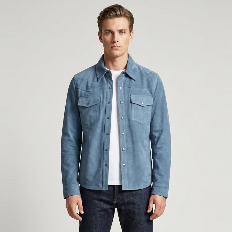 BUNERI Chaqueta Trucker Western de Ante Real de Cabra Azul Denim para Hombre - Imagen 3