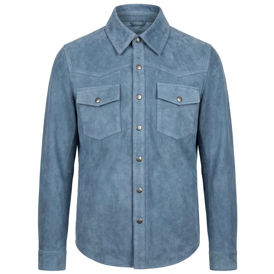 BUNERI Chaqueta Trucker Western de Ante Real de Cabra Azul Denim para Hombre - Imagen 5