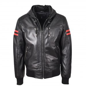 BUNERI Bomber Remmy Negra de Cuero Real con Capucha
