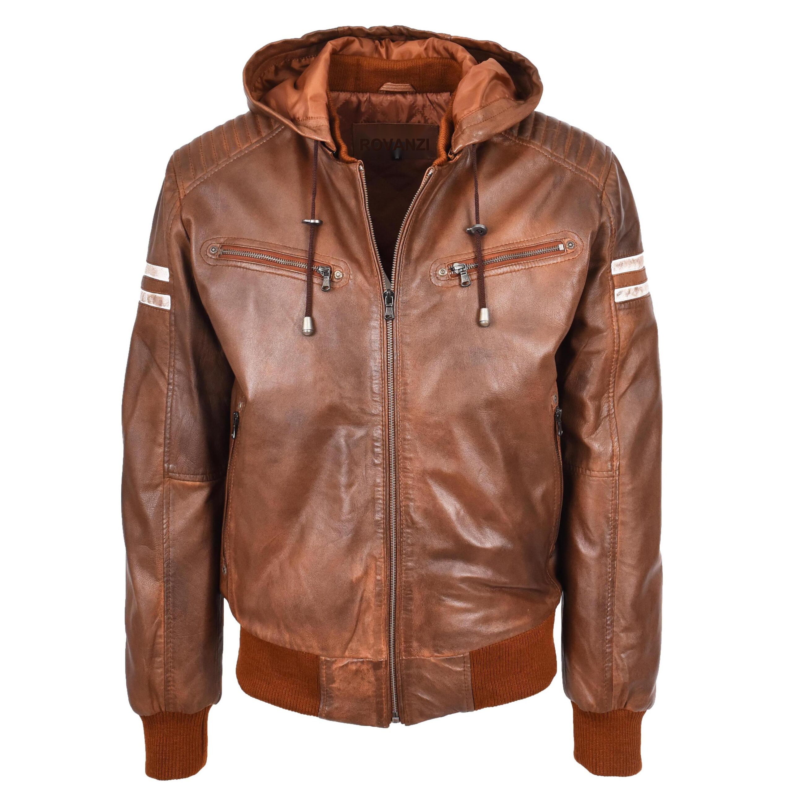 BUNERI Chaqueta Bomber de Cuero Real Cognac con Capucha Desmontable Zip para Hombre