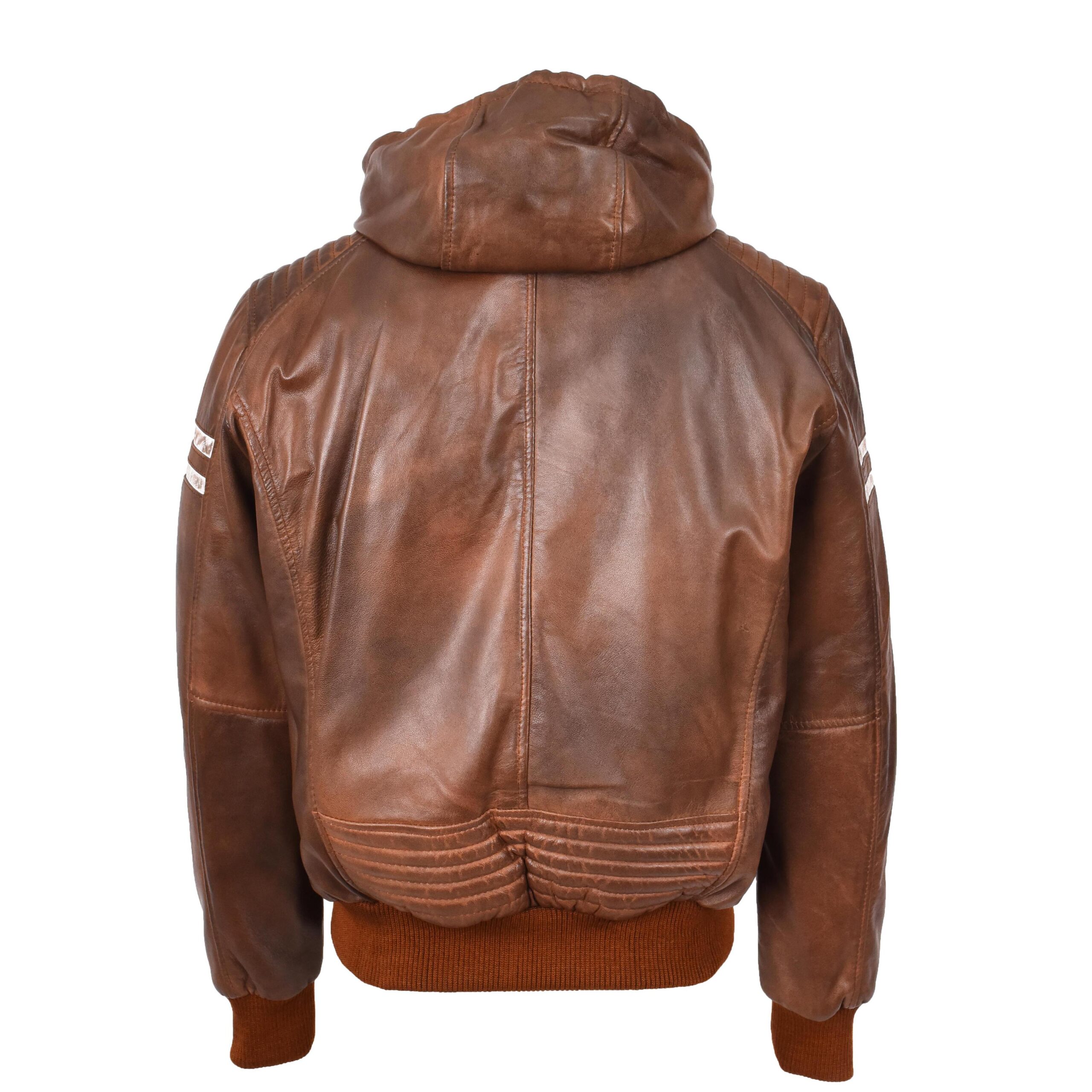 BUNERI Chaqueta Bomber de Cuero Real Cognac con Capucha Desmontable Zip para Hombre - Imagen 2
