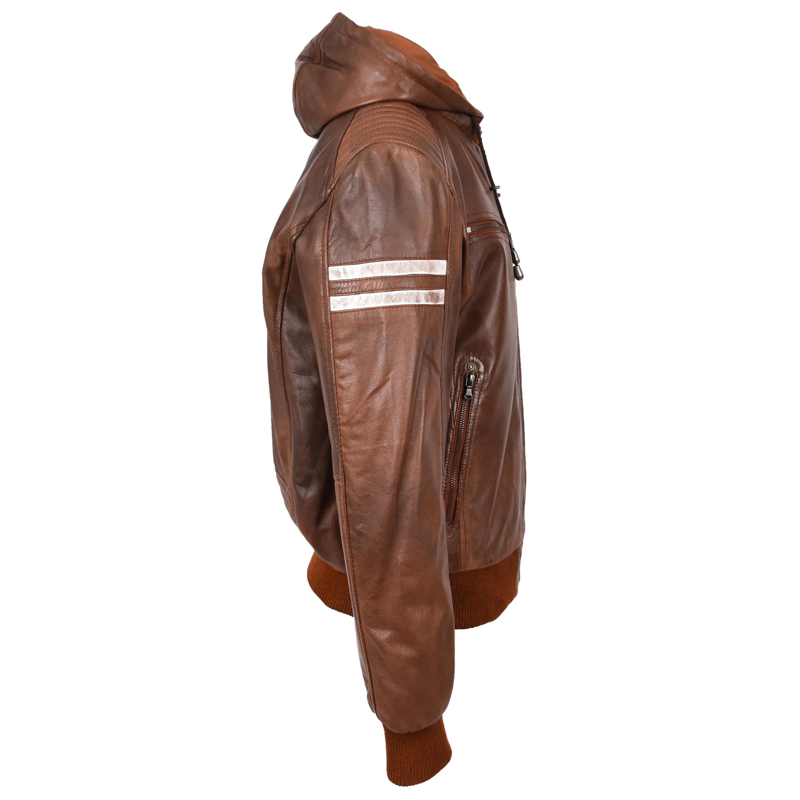 BUNERI Chaqueta Bomber de Cuero Real Cognac con Capucha Desmontable Zip para Hombre - Imagen 3
