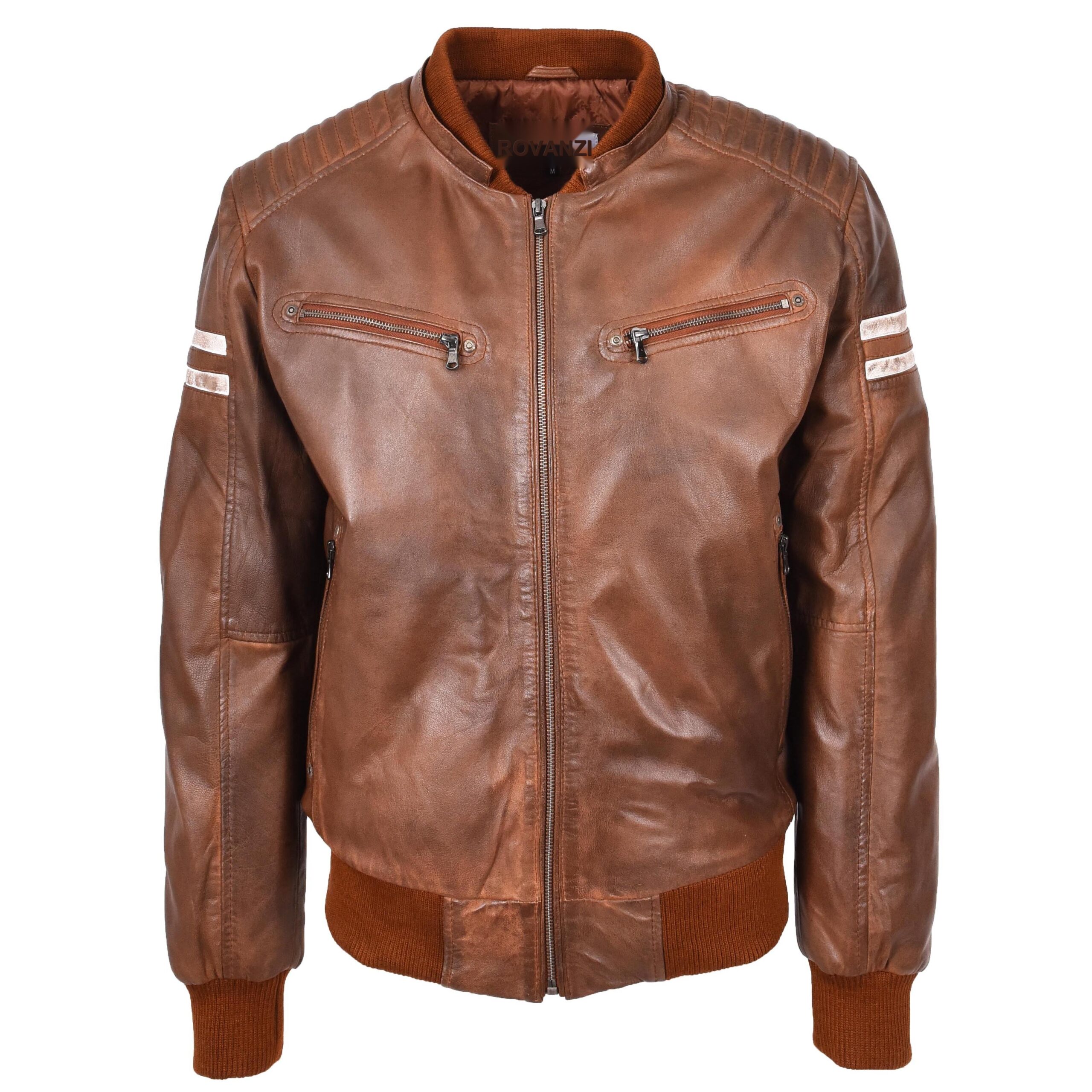 BUNERI Chaqueta Bomber de Cuero Real Cognac con Capucha Desmontable Zip para Hombre - Imagen 4