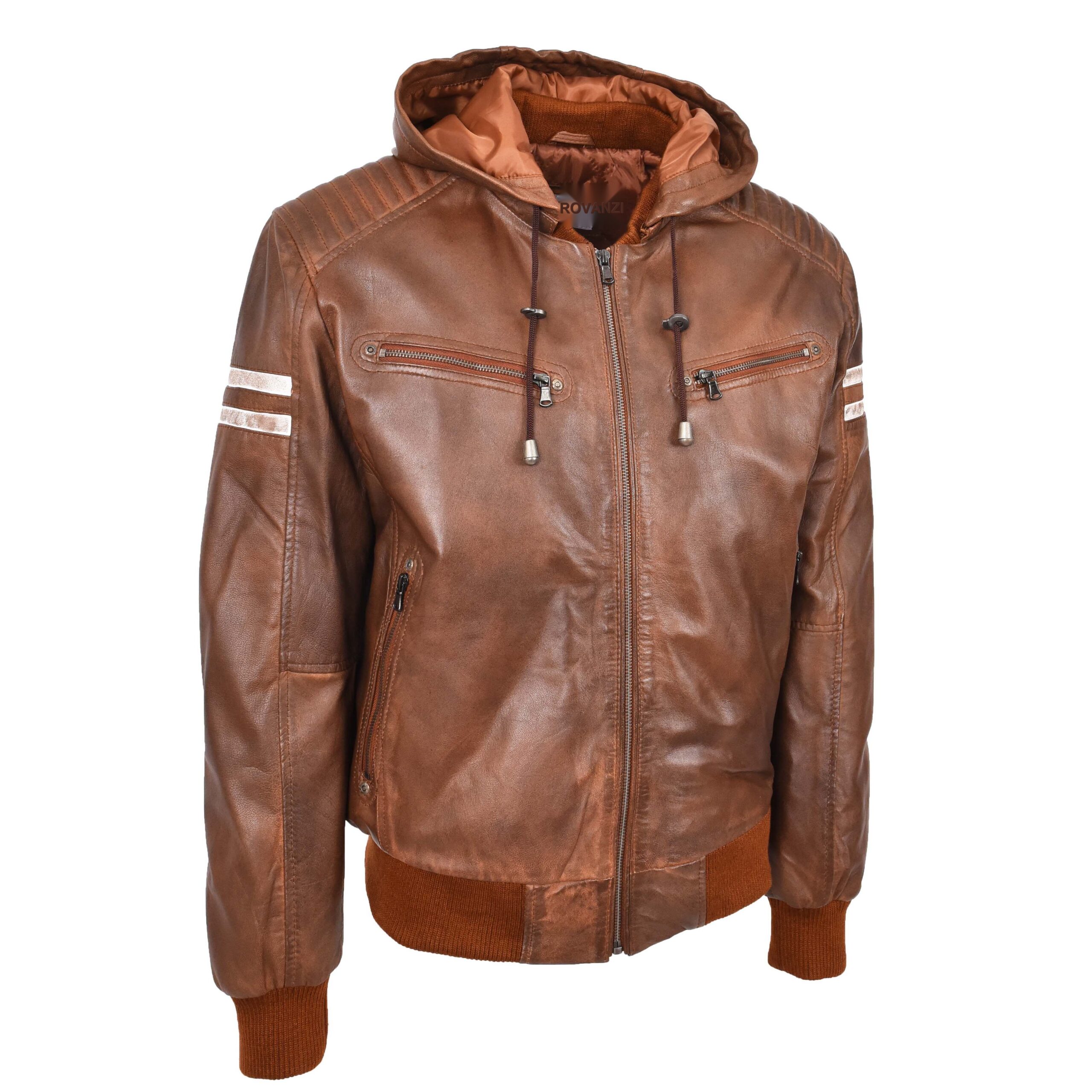 BUNERI Chaqueta Bomber de Cuero Real Cognac con Capucha Desmontable Zip para Hombre - Imagen 5