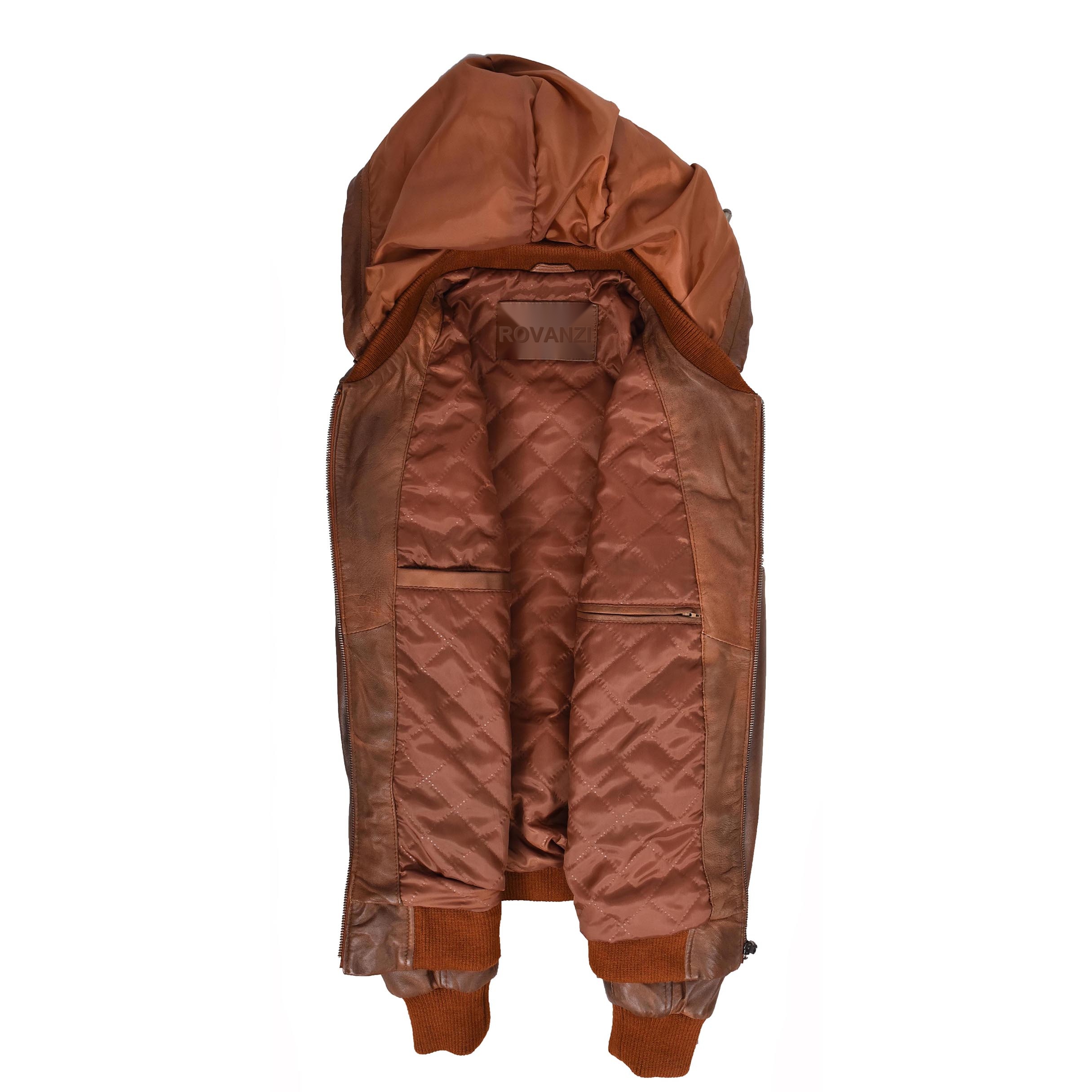 BUNERI Chaqueta Bomber de Cuero Real Cognac con Capucha Desmontable Zip para Hombre - Imagen 6