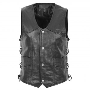 BUNERI Gilet de Cuero Real para Hombre con Flecos Laterales Negro