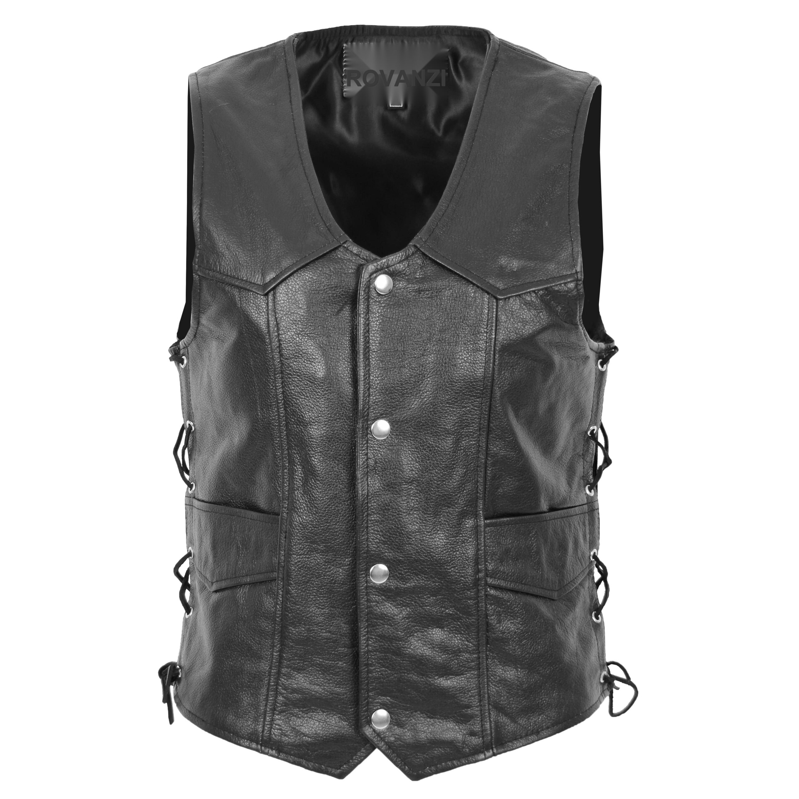 BUNERI Gilet de Cuero Real para Hombre con Flecos Laterales Negro