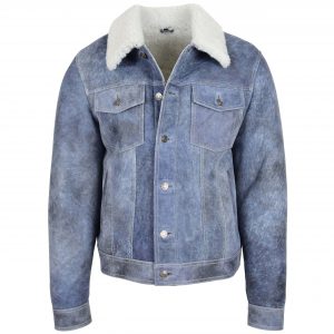 BUNERI Chaqueta Trucker Hombre Piel Oveja Real Azul Denim