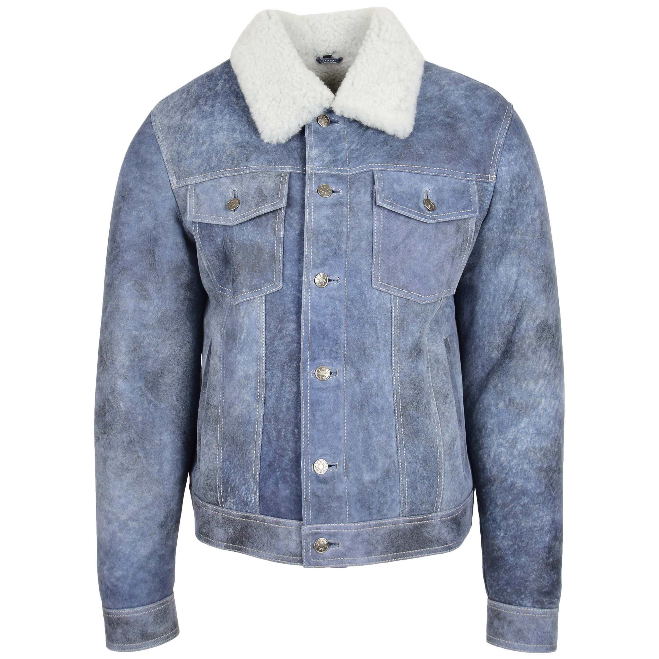 BUNERI Chaqueta Trucker Hombre Piel Oveja Real Azul Denim - Imagen 3