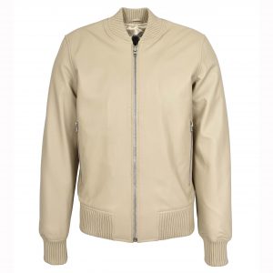 BUNERI Chaqueta Hombre Cuero Real Suave Bomber MA-1 Estilo Varsity Beige