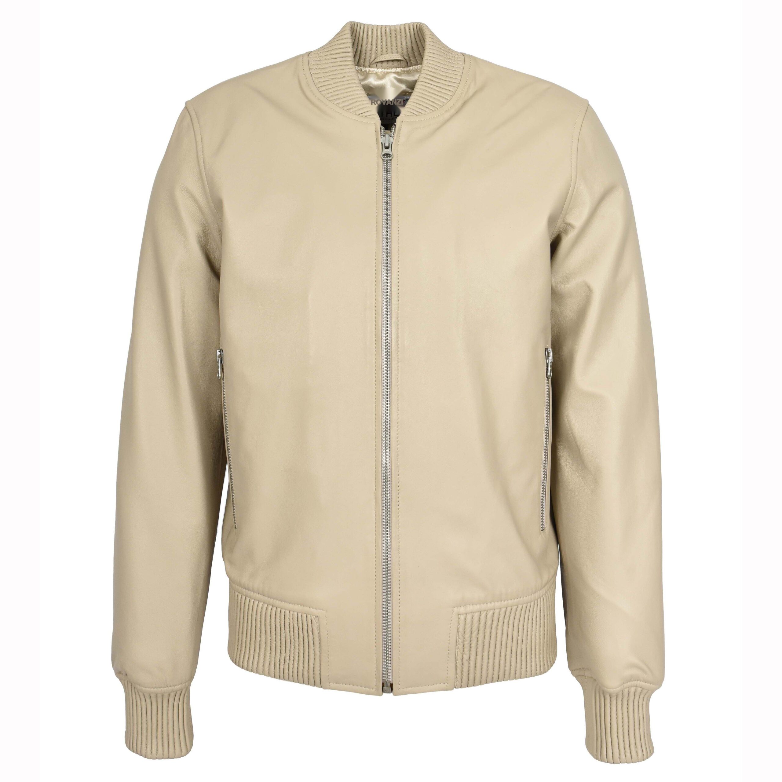 BUNERI Chaqueta Hombre Cuero Real Suave Bomber MA-1 Estilo Varsity Beige